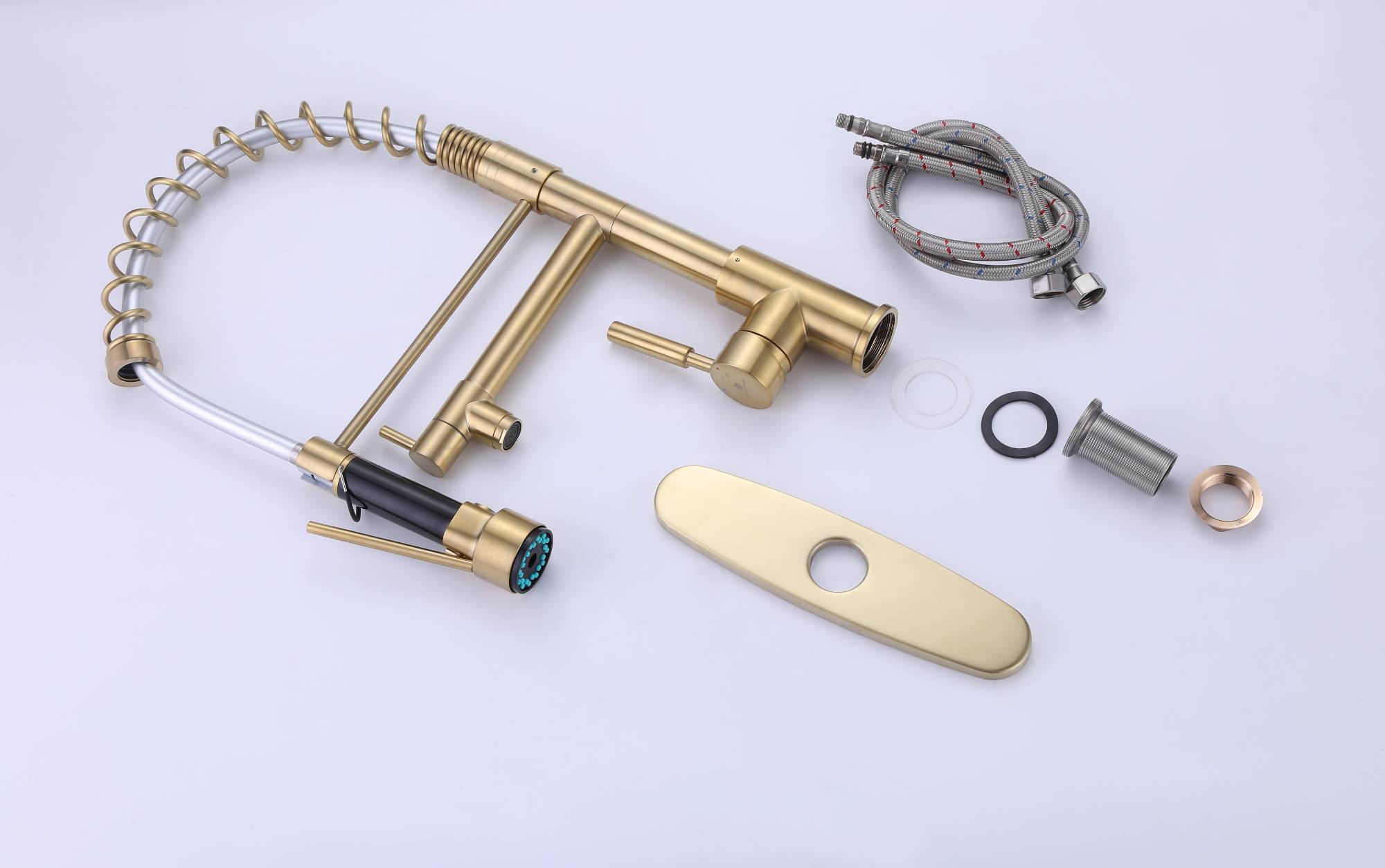 Brushed Gold High Arc brass Kitchen Sink Faucet Pull Down Spray with lock ring and deck plate