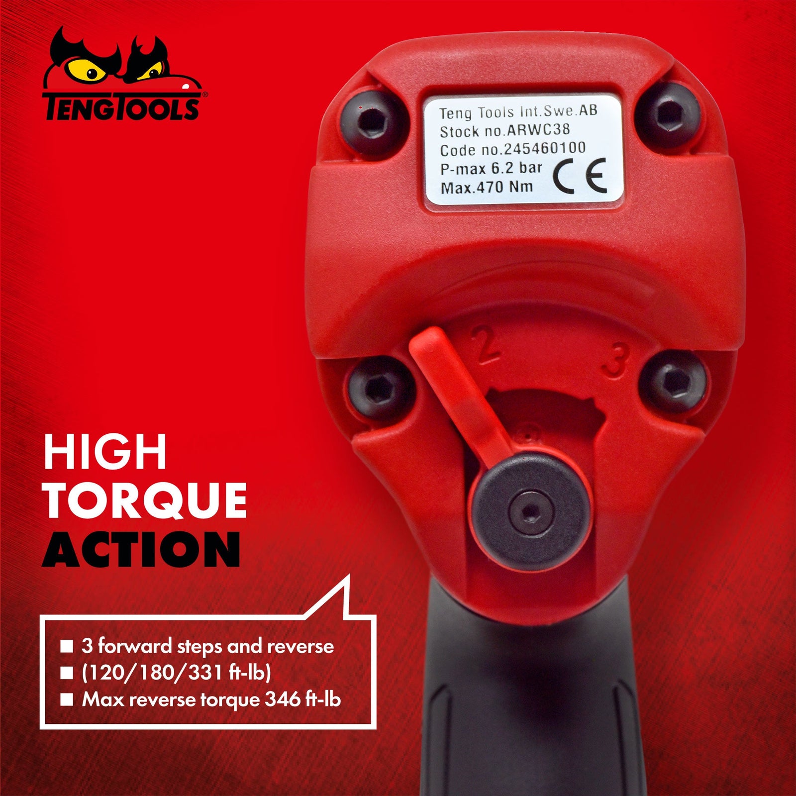 Llave de impacto neumática de alto torque reversible con accionamiento cuadrado de 3/8 pulgadas de Teng Tools - ARWC38