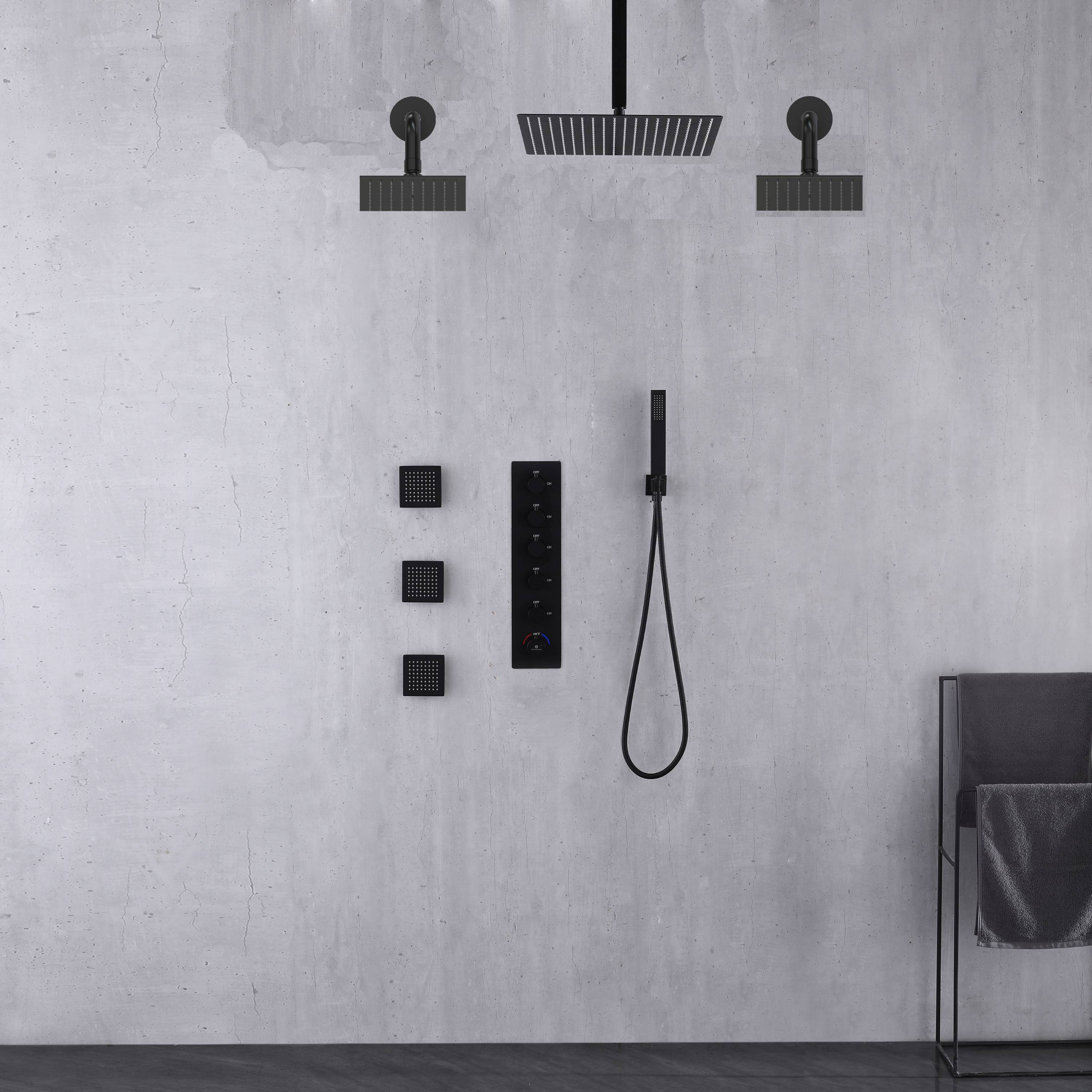 Matte Black Rainfall Shower System: 12" or 16" with 5-Way Thermostatic Valve, Body Jets