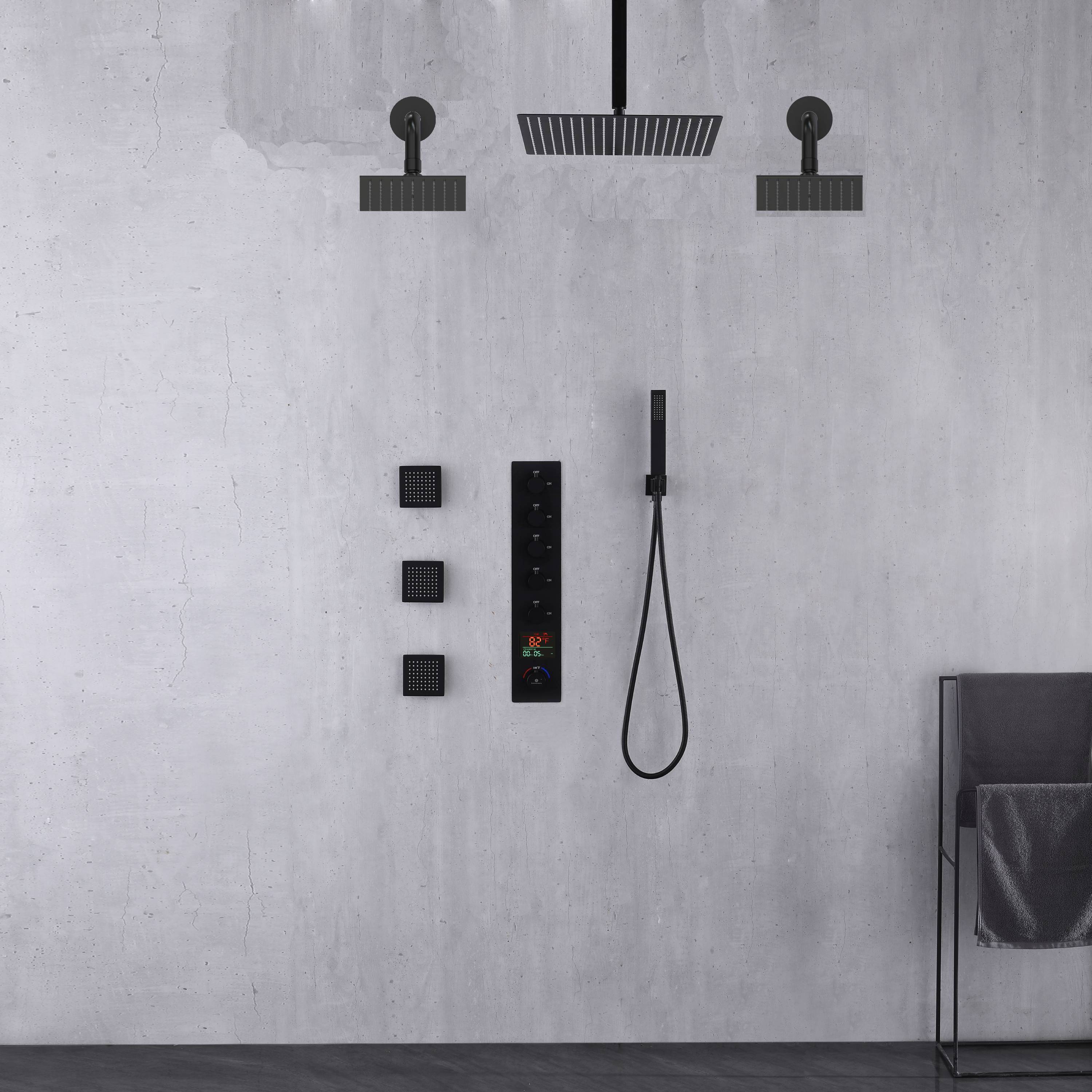 Matte Black Rainfall Shower System: 12" or 16" with 5-Way Thermostatic Valve, Body Jets