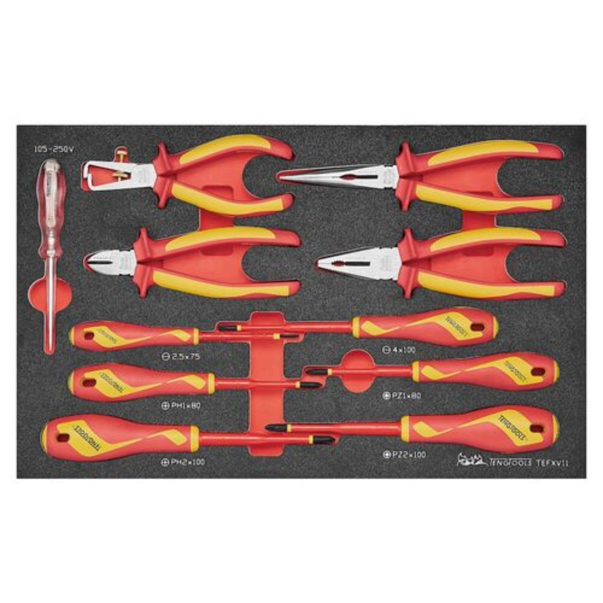 Teng Tools 11 Piece 1000 Volt Insulated Plier (Side Cutting, Combination, Long Nose, Wire Stripping) And Screwdriver (Flat, PH, PZ) EVA Foam Tray - TEFXV11