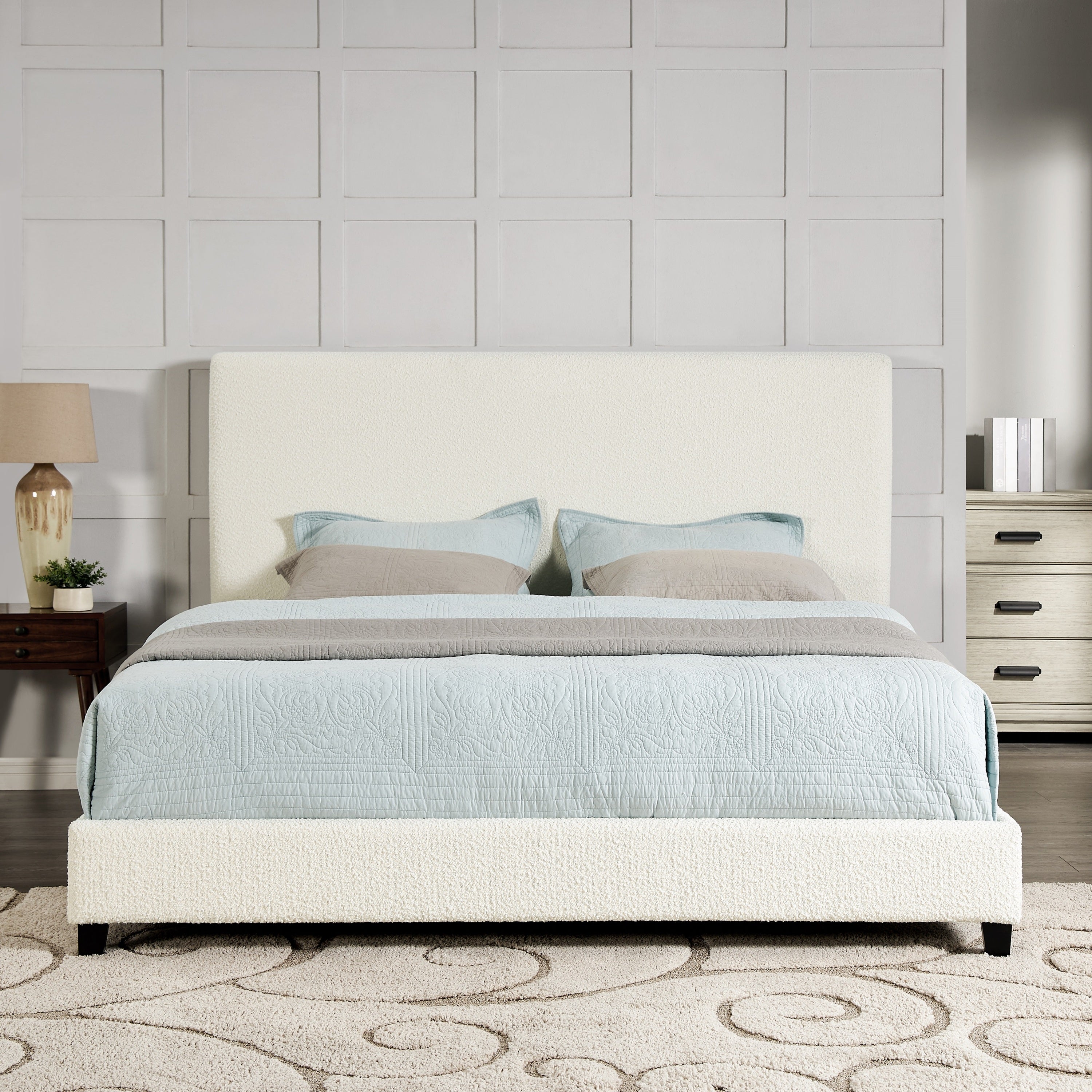 Walker Edison | King Size White Boucle Upholstered Platform Bed