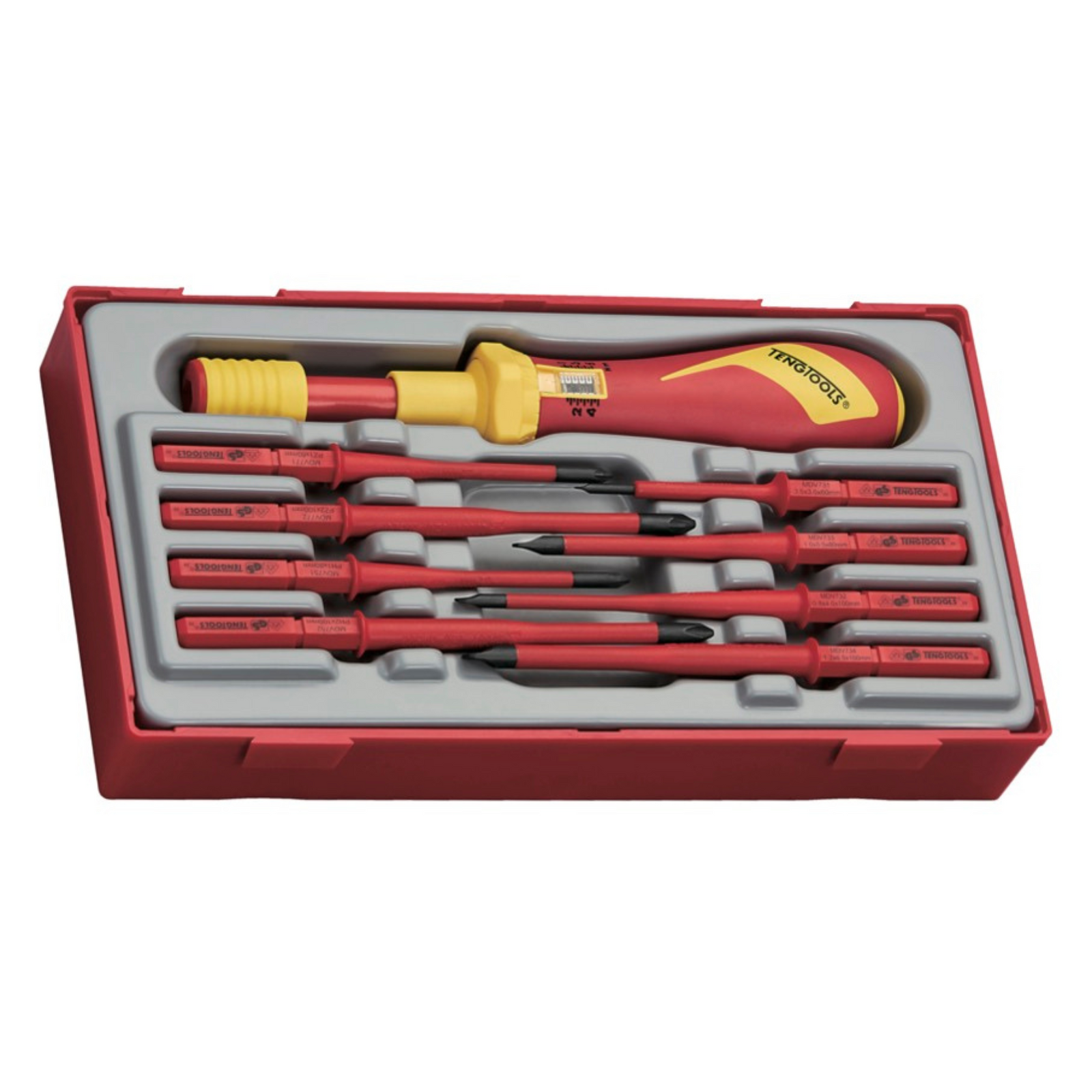 Teng Tools 9 Piece 1000 Volt Torque Screwdriver & Slotted, Phillips (PH), Pozidriv (PZ) Interchangeable Blade Set - TTVSD09