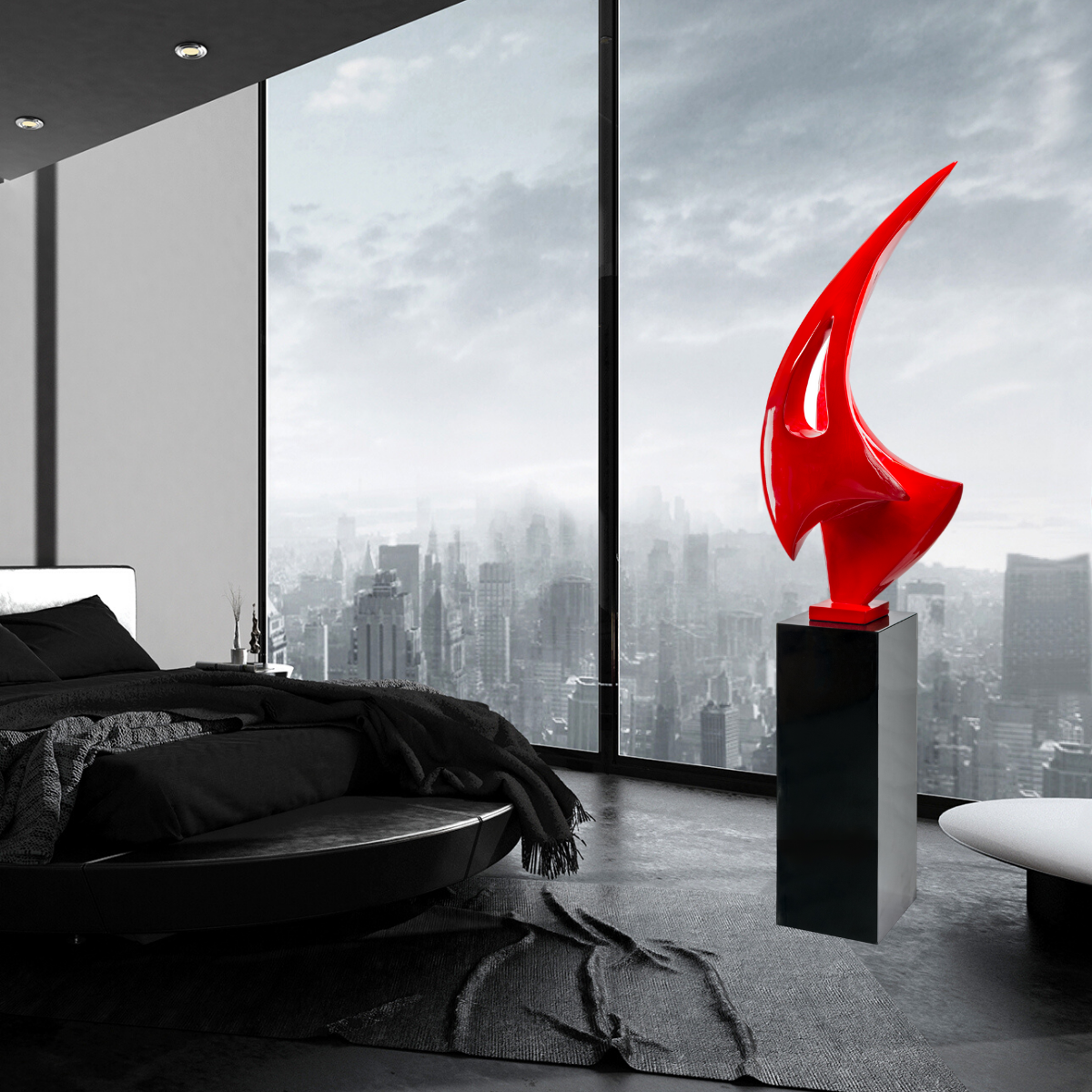 Escultura de piso en forma de vela roja con soporte negro, 70