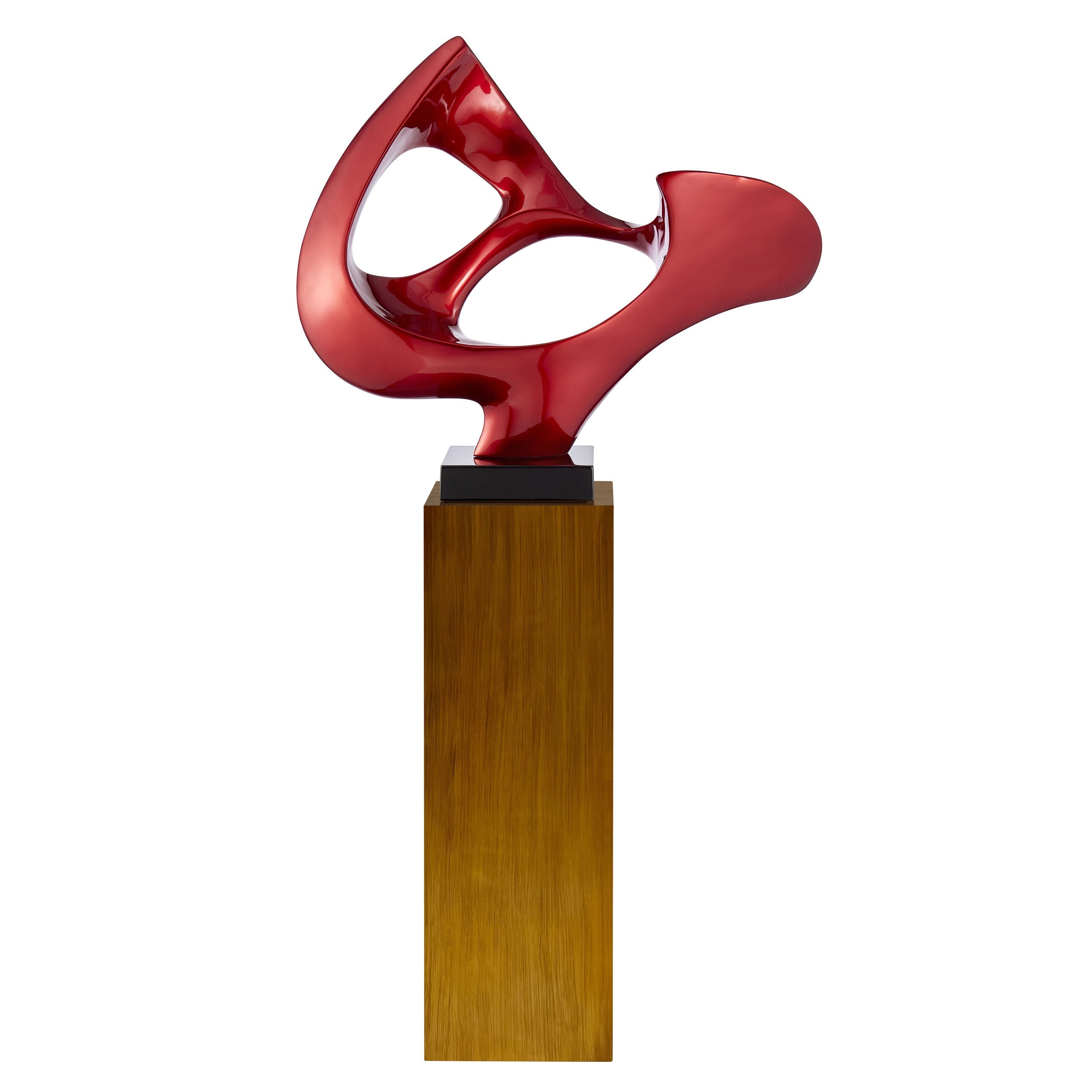 Escultura de piso con máscara abstracta de color rojo metálico y soporte de madera, 54" de alto