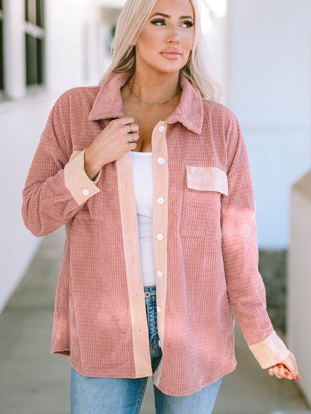 Peach Blossom Corduroy Drop Shoulder Shacket with Flap Pockets