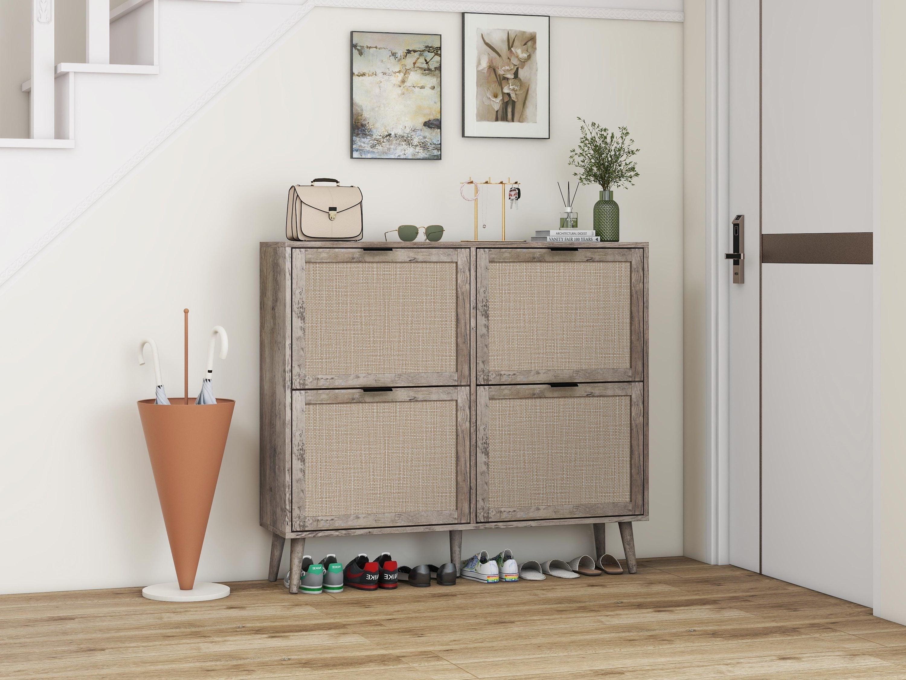 Walker Edison | Modern Rattan 4 Door Shoe Rack Cabinet for Entryway