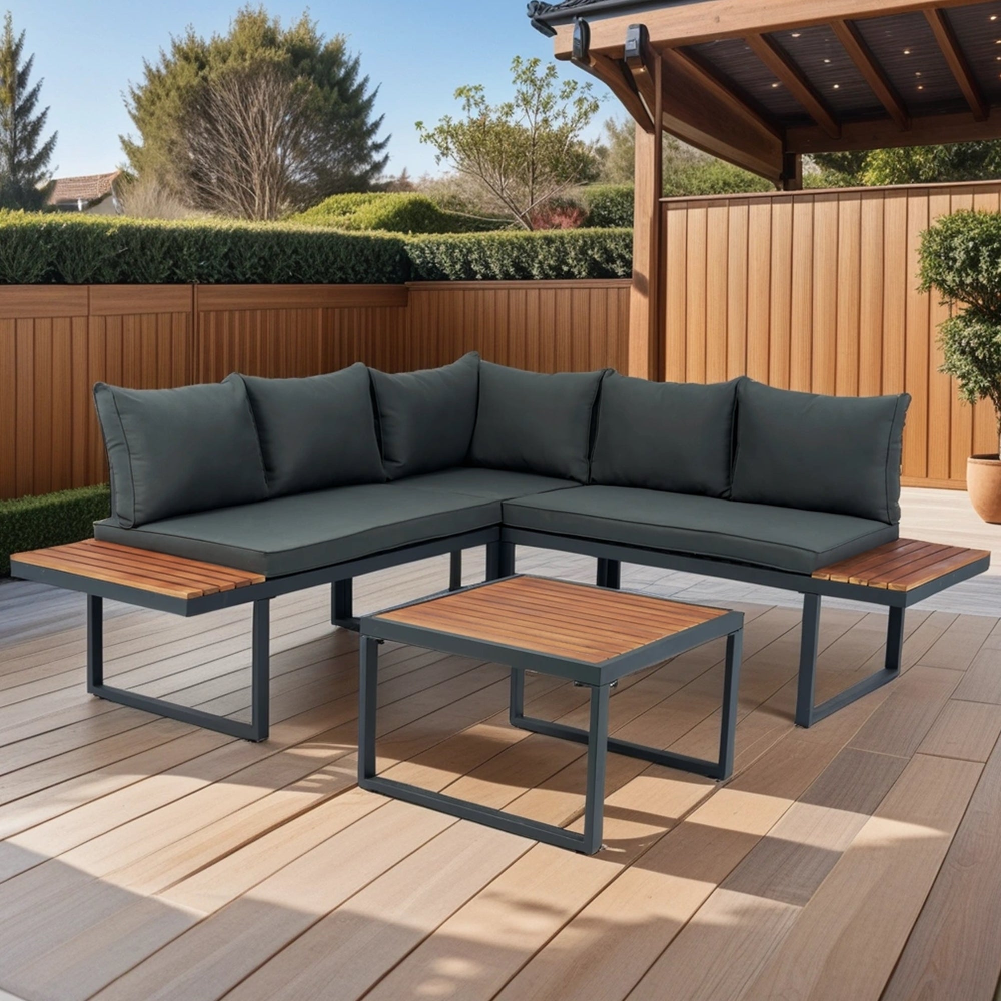 Walker Edison | Steel 4 Piece L-Shaped Patio Sectional Sofa Set