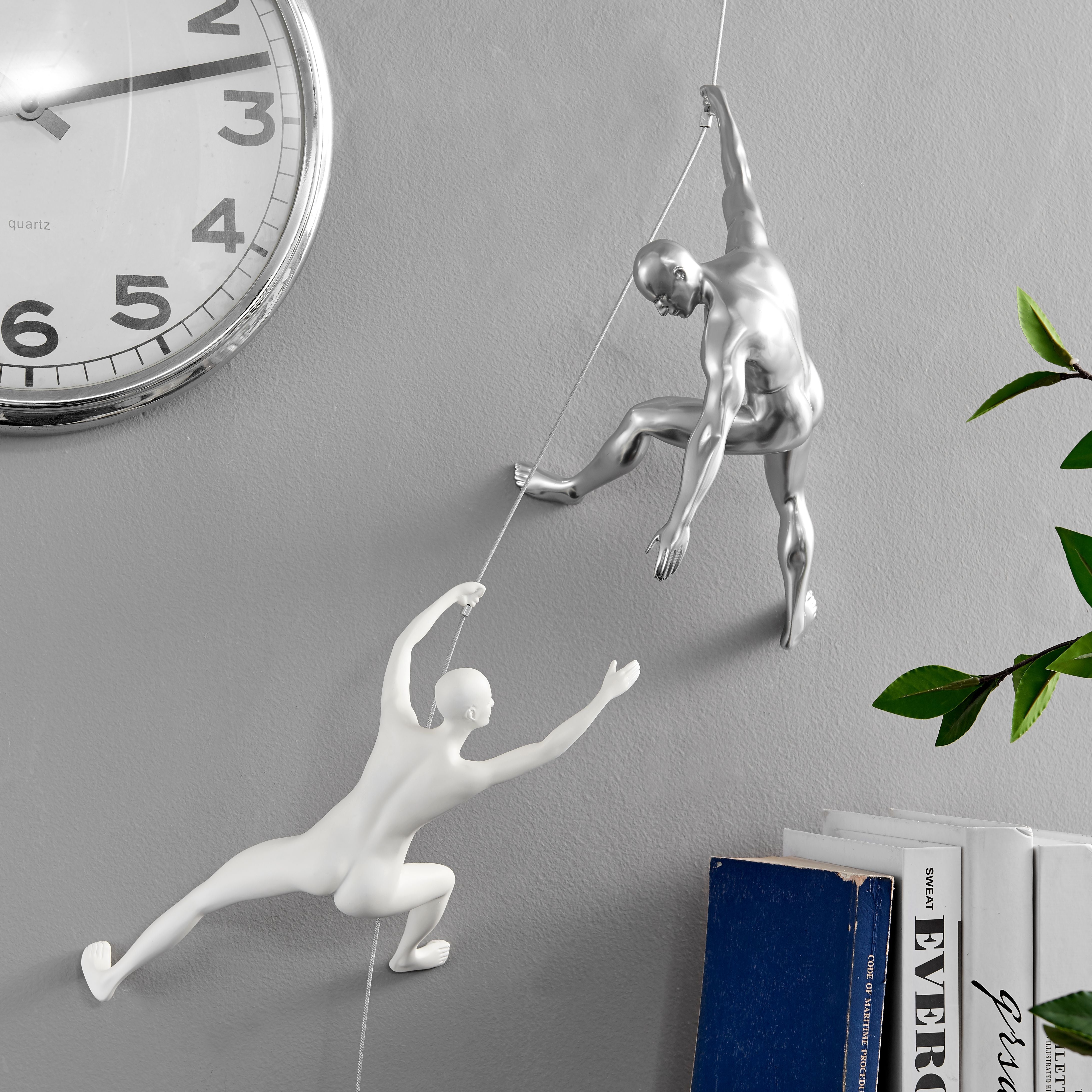 Climbing Couple Set of Two Wall Sculptures // Matte White and Chrome