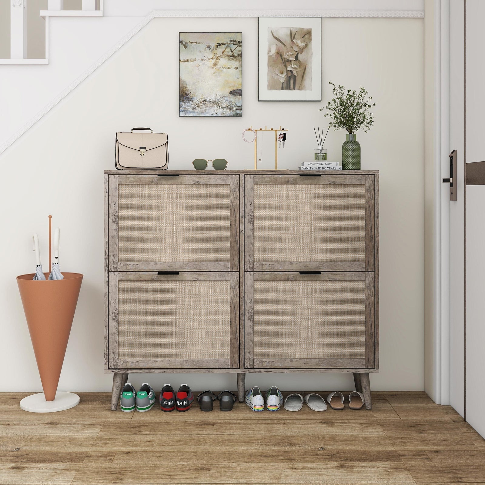 Walker Edison | Modern Rattan 4 Door Shoe Rack Cabinet for Entryway