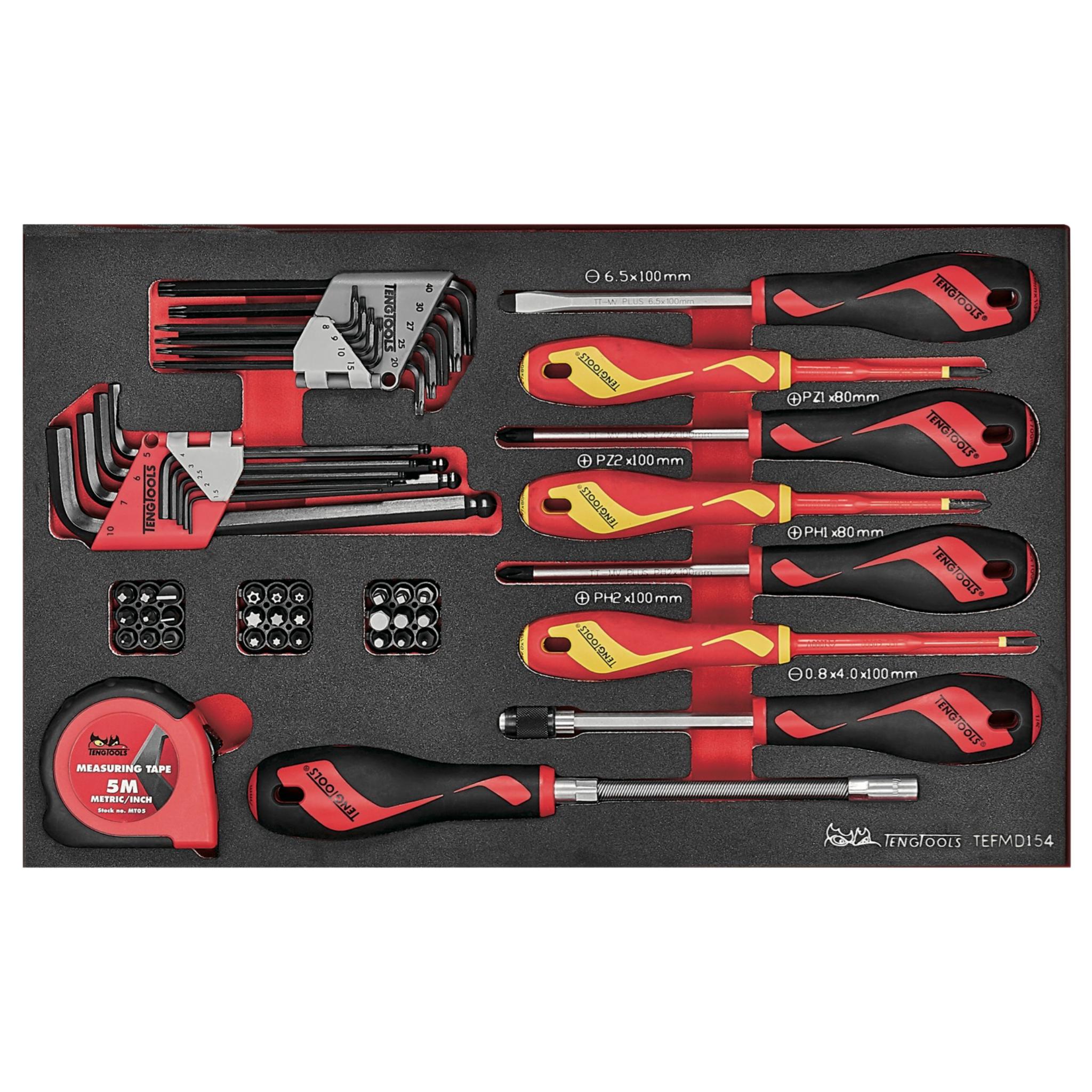 Destornillador combinado de 54 piezas Teng Tools, llave hexagonal/TX, punta, destornillador de sujeción rápida y bandeja de espuma EVA con cinta - TEFMDI54