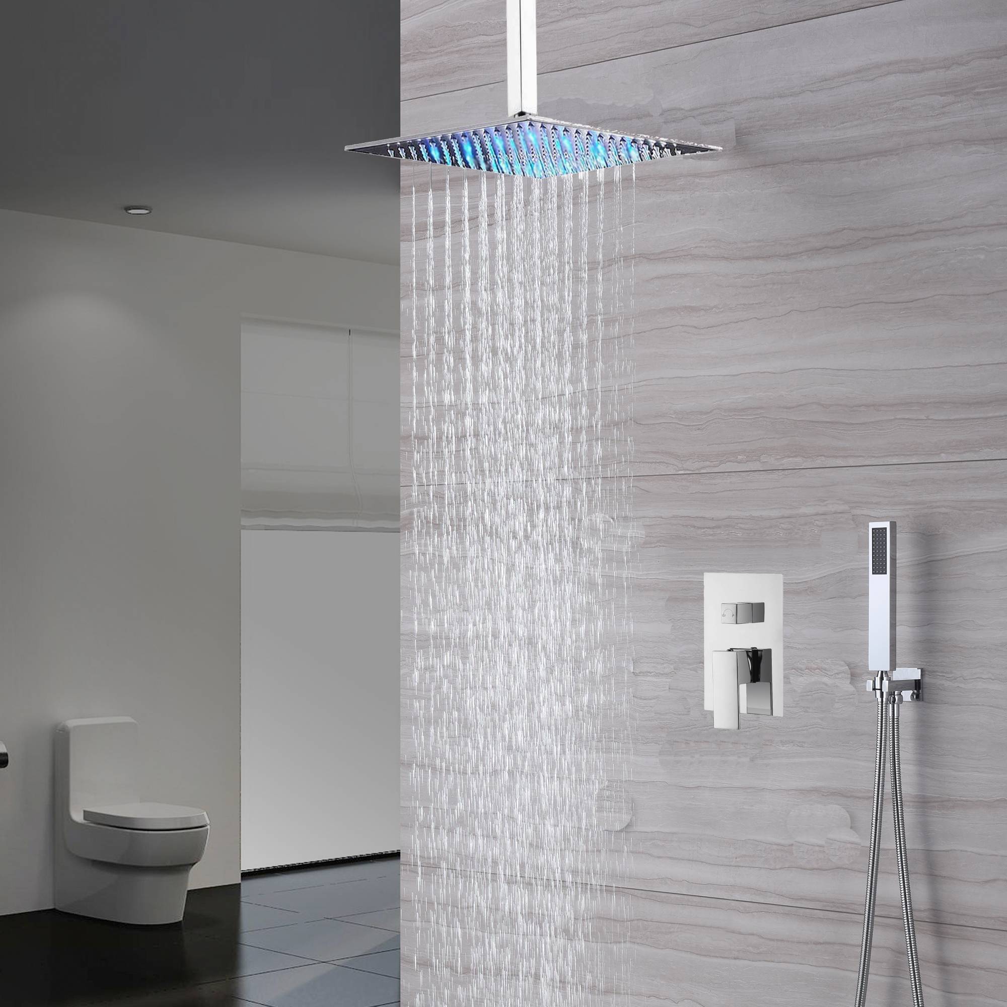 Chrome Ceiling-Mounted Rainfall Shower Head Two-Way Shower Faucet and Handle Sprayer Included