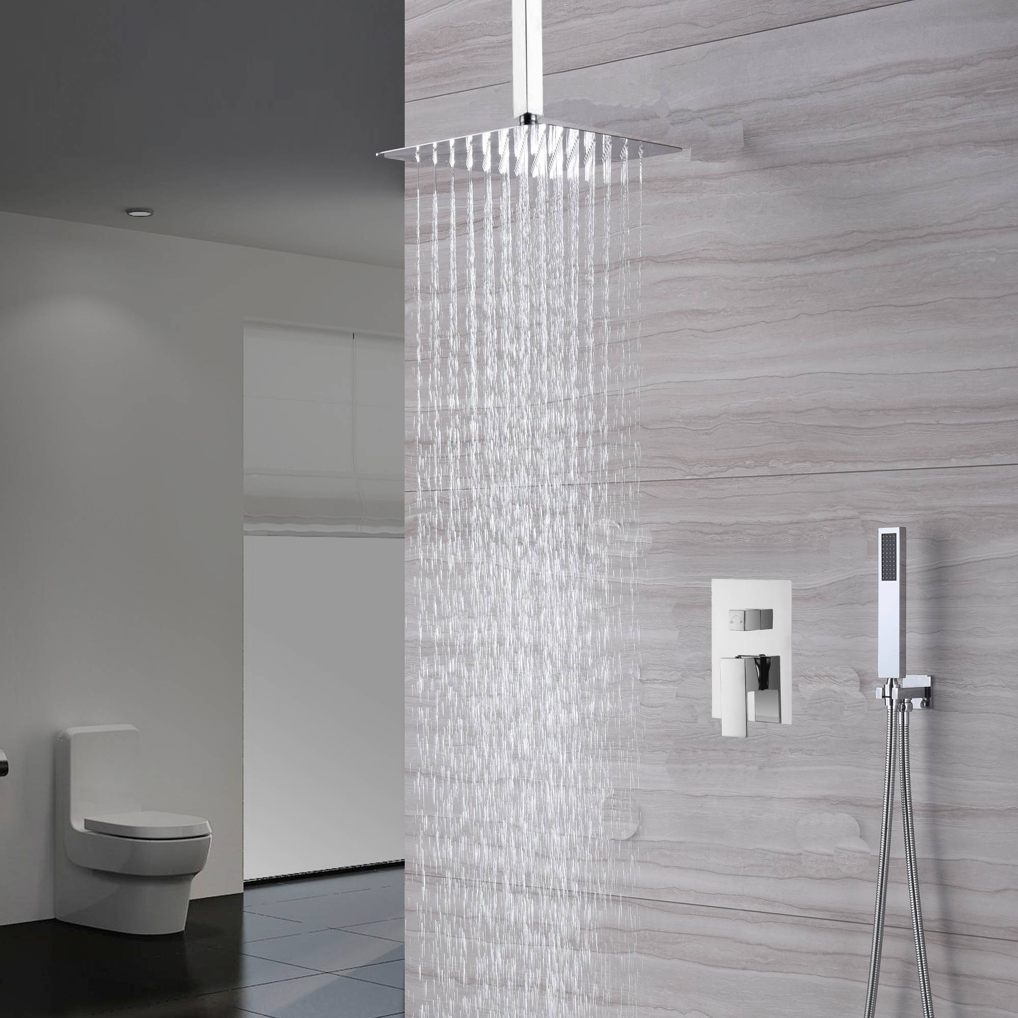 Chrome Ceiling-Mounted Rainfall Shower Head Two-Way Shower Faucet and Handle Sprayer Included