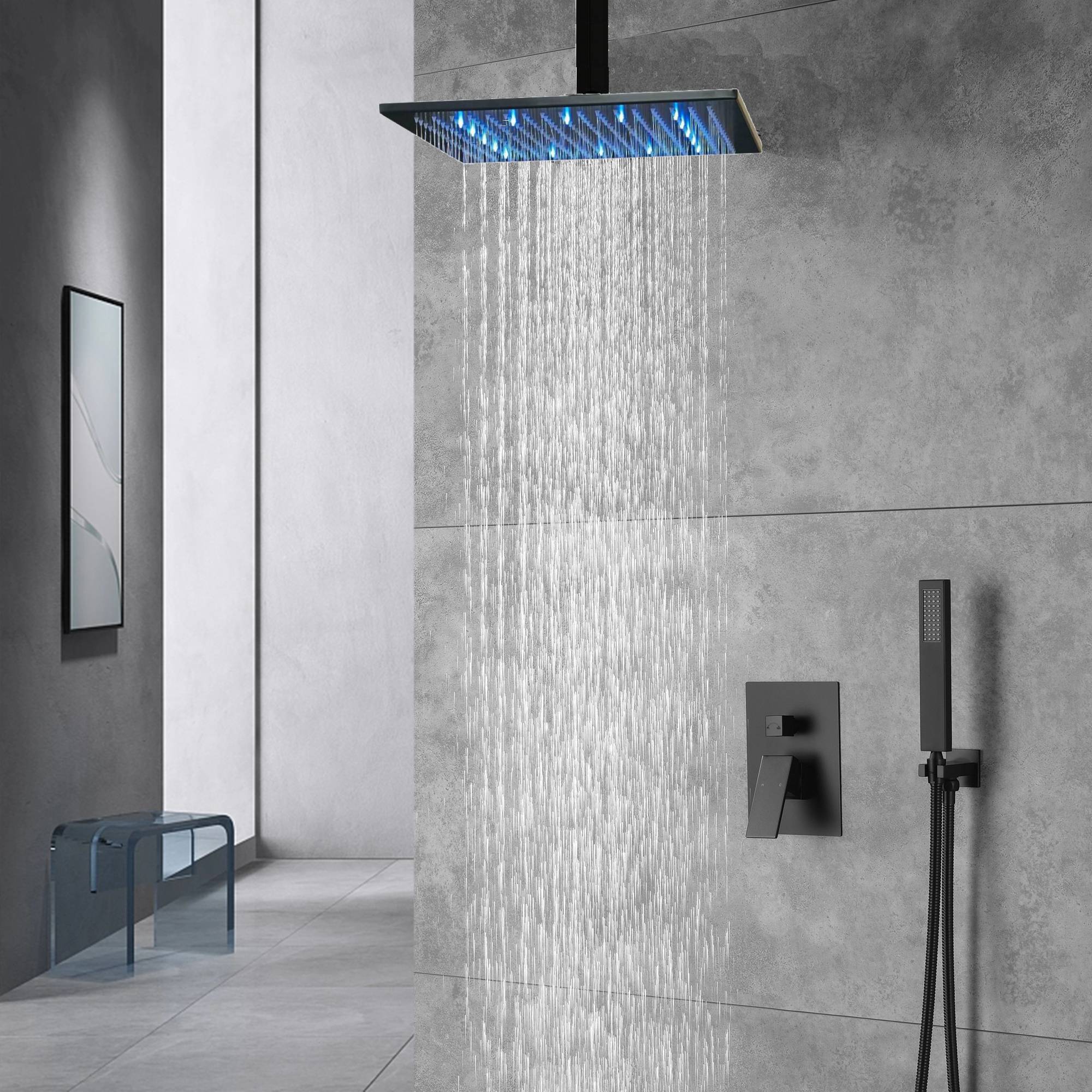 Matte Black Ceiling Mounted Rainfall Shower Faucet: 12'' or 16'' with LED Option