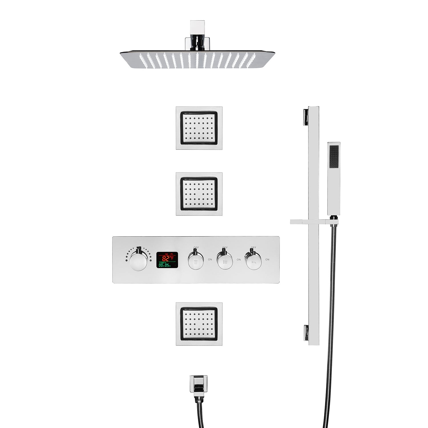 12inch  Wall mount 3 way digital thermostatic shower faucet with sliding bar and 4inch body jets