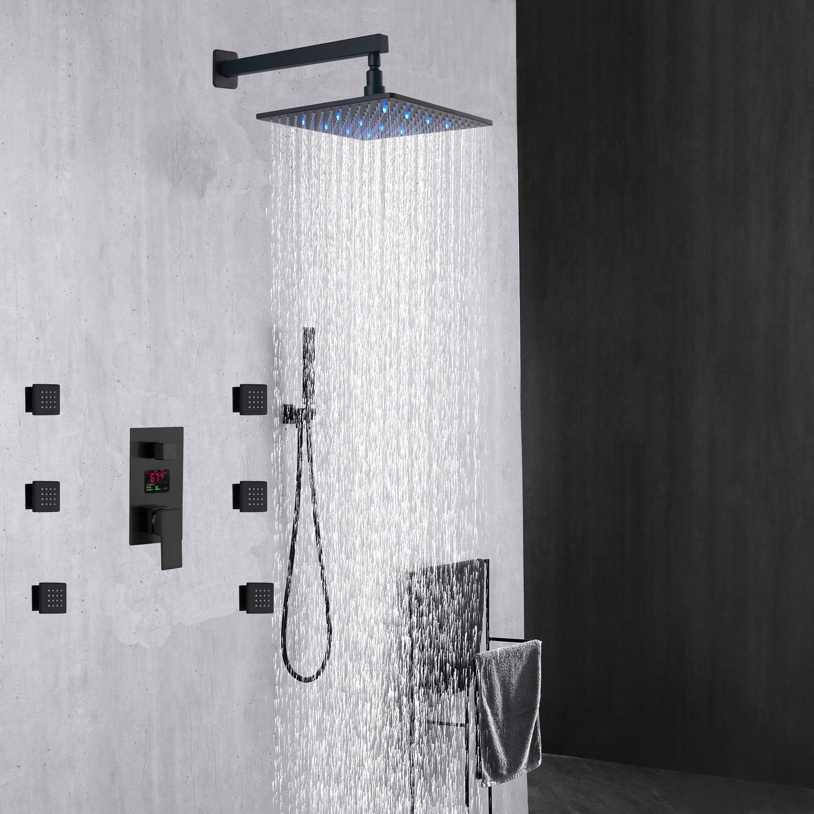 12-Inch or 16-Inch Matte Black Rain Showers with 3-Way Anti-Scald Digital Display Valve, Trim, and 6 Body Jets