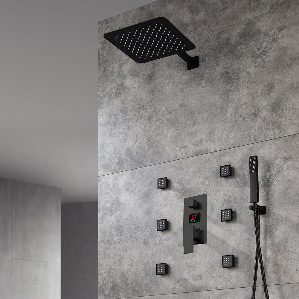 12-Inch or 16-Inch Matte Black Rain Showers with 3-Way Anti-Scald Digital Display Valve, Trim, and 6 Body Jets