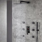 12-Inch or 16-Inch Matte Black Rain Showers with 3-Way Anti-Scald Digital Display Valve, Trim, and 6 Body Jets