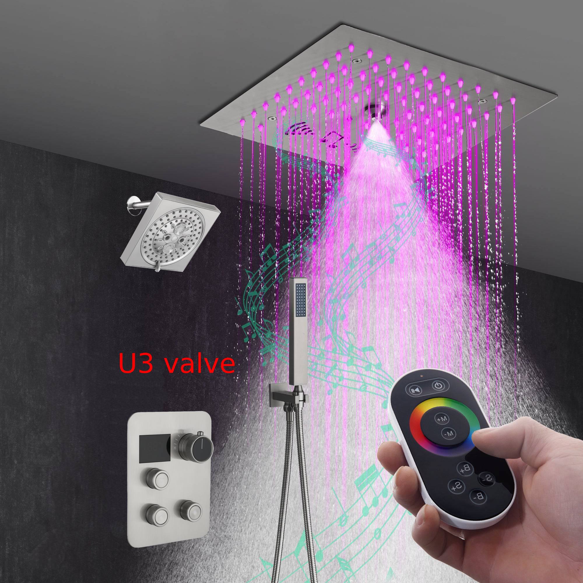 12" Brushed Nickel Thermostatic Shower Faucet: 3-Way Control, LED, Bluetooth Music, Regular Head