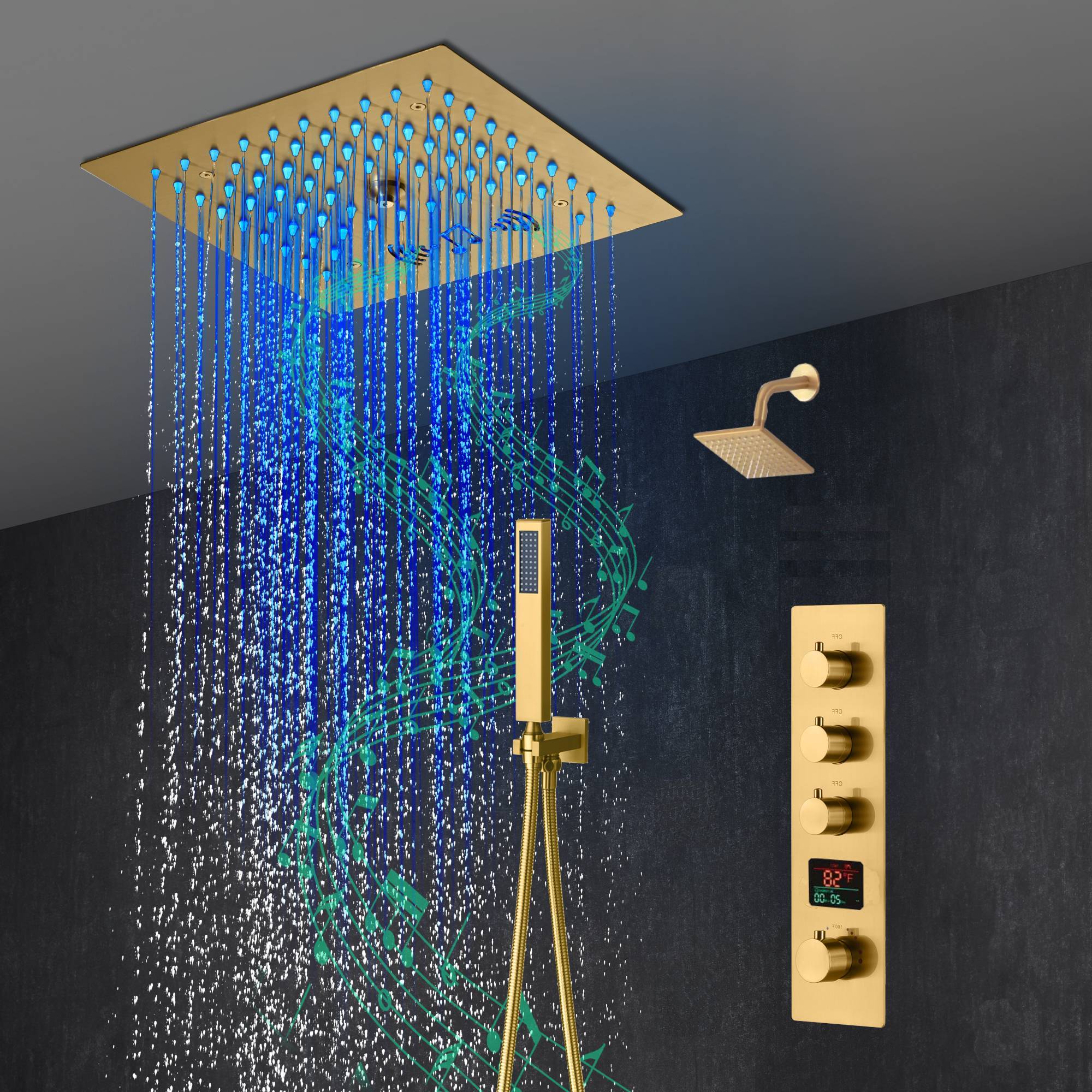 12-Inch Brushed Gold Flush Mount Shower Faucet Set: 3-Way Thermostatic Control, 64-Color LED Lights, Bluetooth Music, and Regular Head