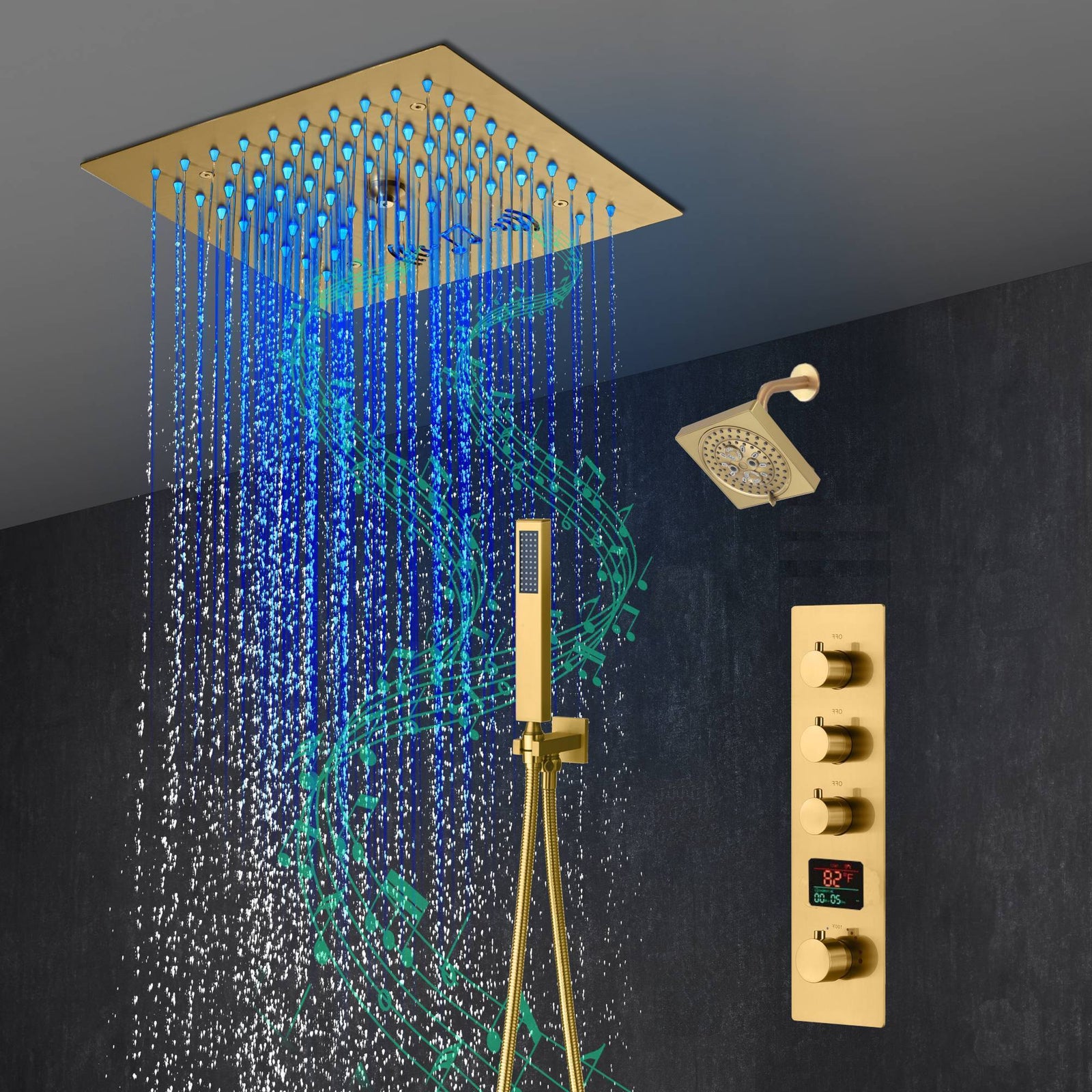 12-Inch Brushed Gold Flush Mount Shower Faucet Set: 3-Way Thermostatic Control, 64-Color LED Lights, Bluetooth Music, and Regular Head