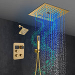 12-Inch Brushed Gold Flush Mount Shower Faucet Set: 3-Way Thermostatic Control, 64-Color LED Lights, Bluetooth Music, and Regular Head