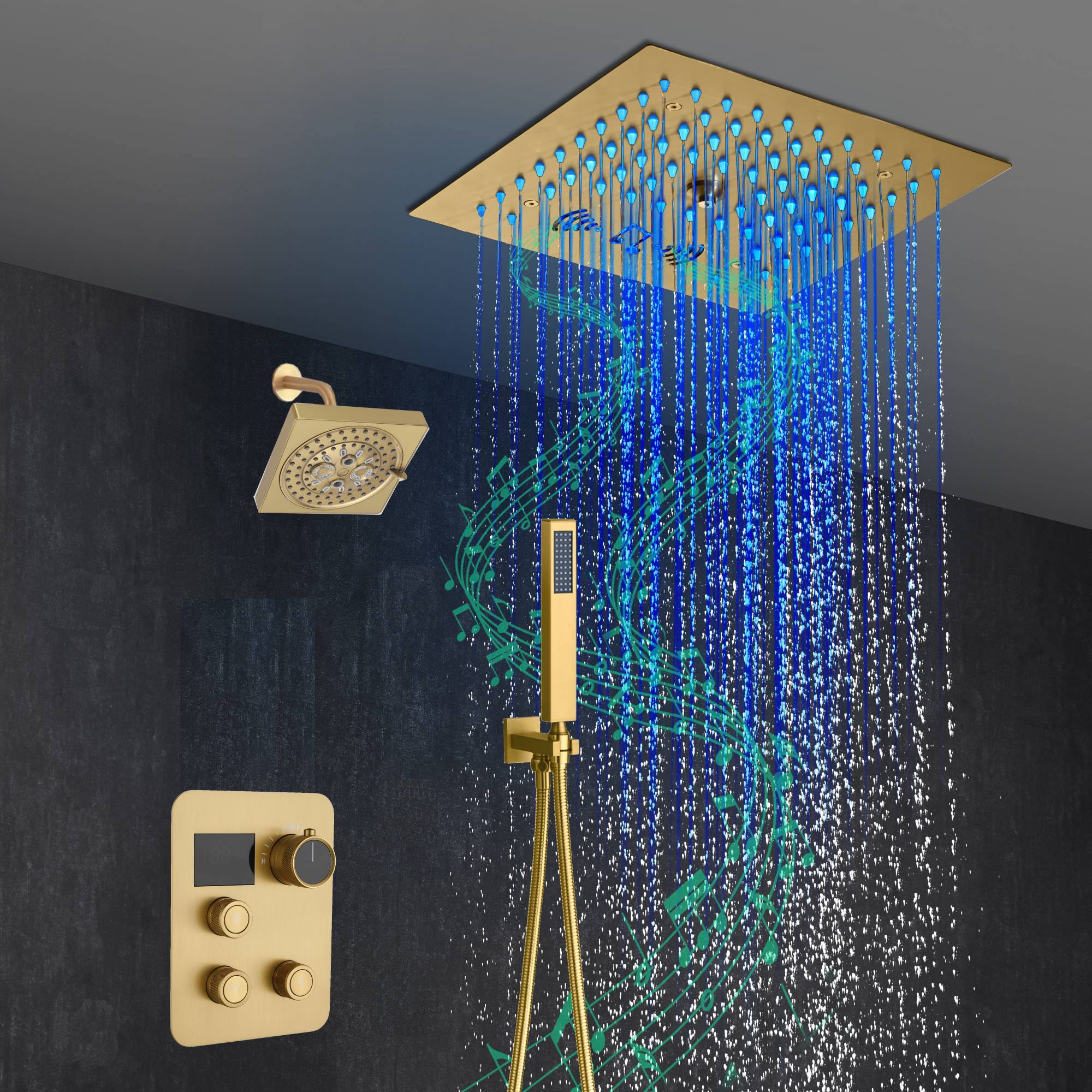 12" Brushed Gold Bluetooth Music, 64-Color LED Thermostatic Shower Faucet