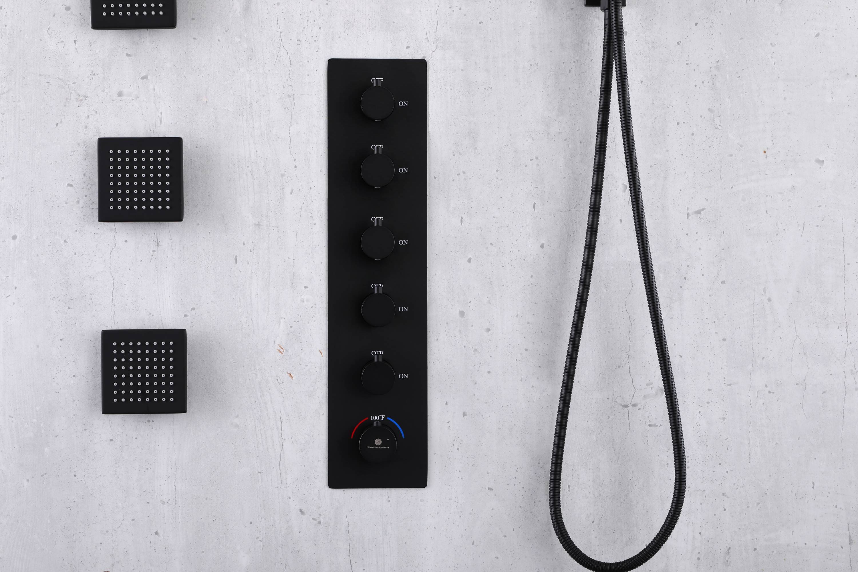 Matte Black Rainfall Shower System: 12" or 16" with 5-Way Thermostatic Valve, Body Jets