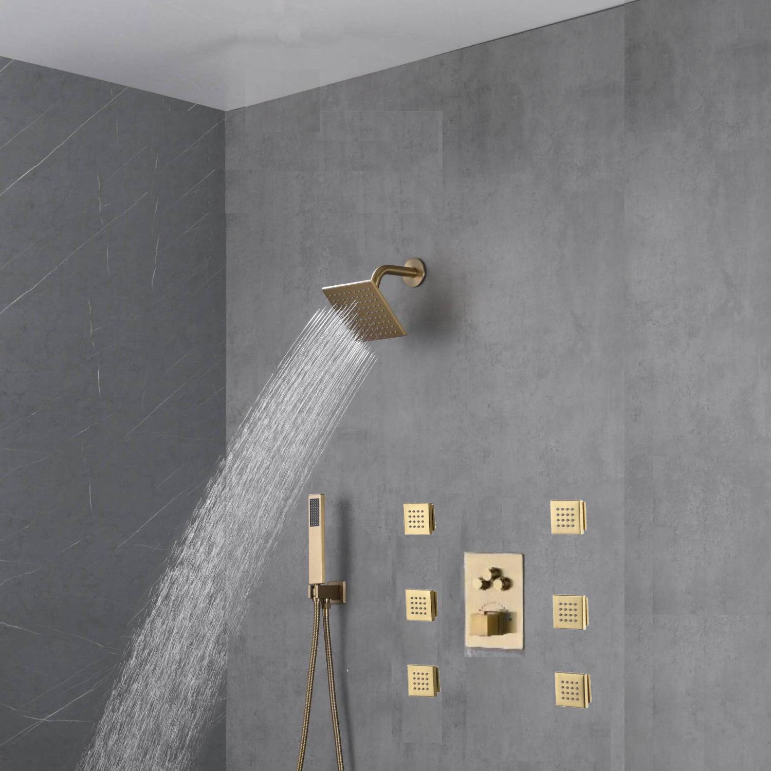 Brushed Gold Wall-Mounted 3-Way Thermostatic Shower System with Body Jets