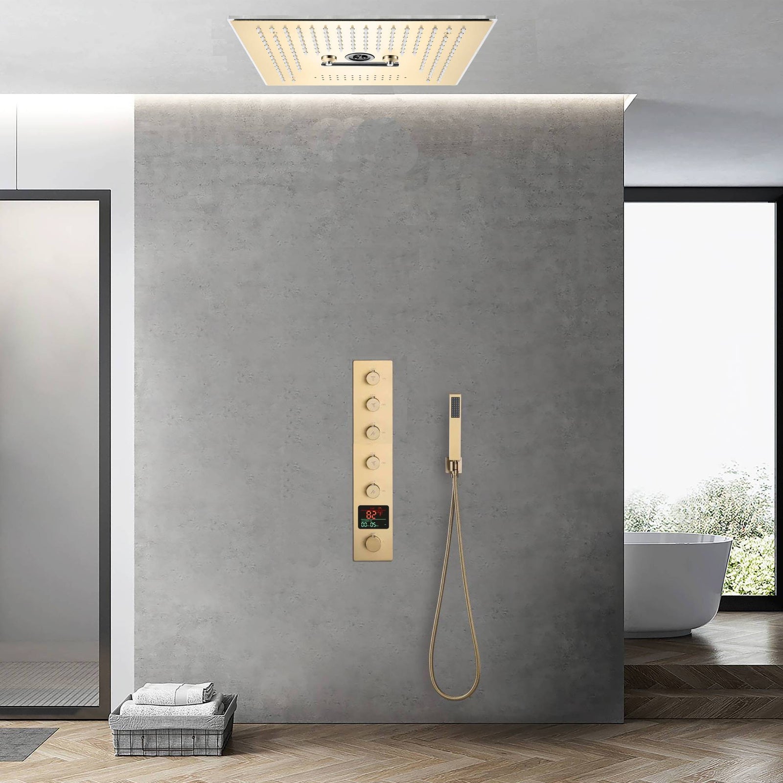 16-Inch Brushed Gold Flush-Mounted Rainfall, Waterfall, Mist, Hydro-Massage Shower Head with 64 LED Lights and Bluetooth Music - 5-Way Thermostatic Shower Faucet With Optional Digital Display