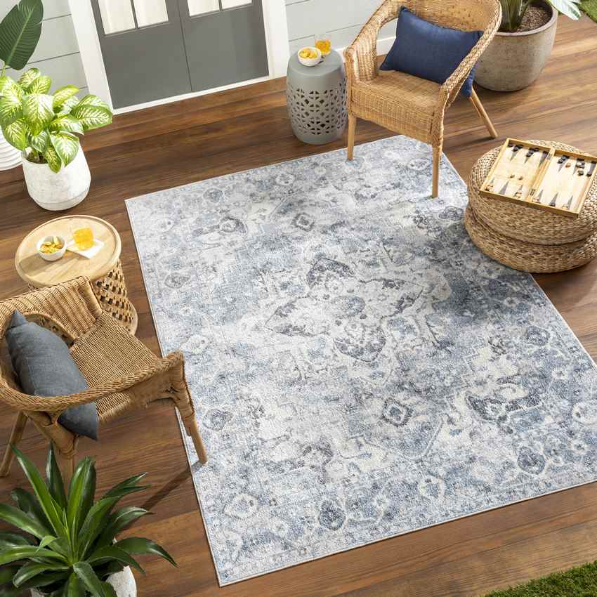 Moya Traditional Denim Blue Washable Area Rug