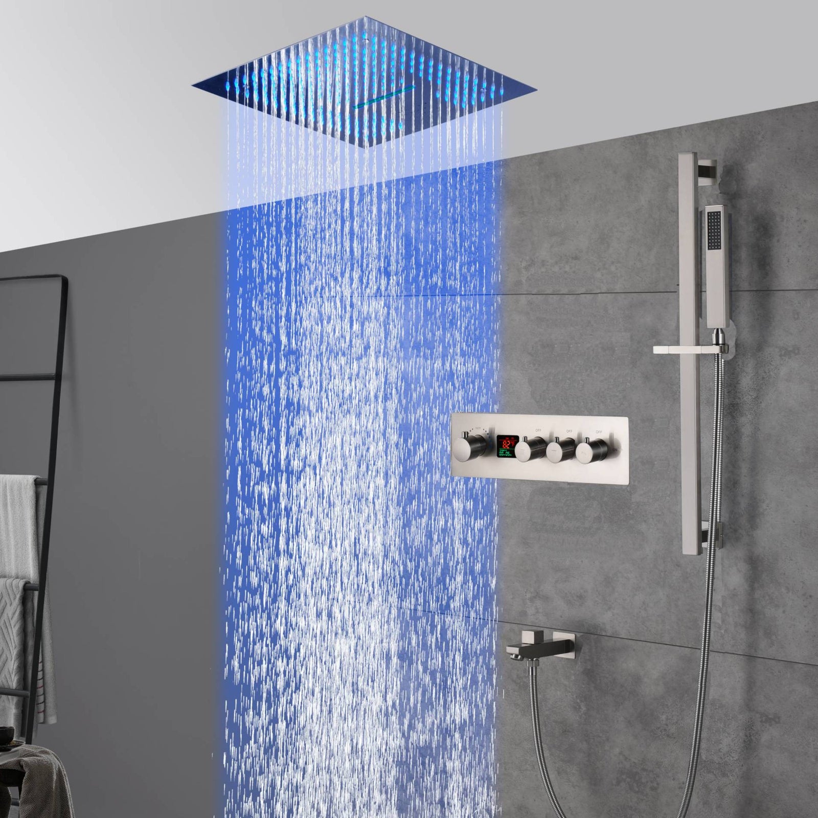 16-Inch Brushed Nickel Digital Thermostatic Shower System: 3-Way Control, Flush-Mounted, 64-Color LED Lighting, Bluetooth Music, Rainfall & Waterfall Features