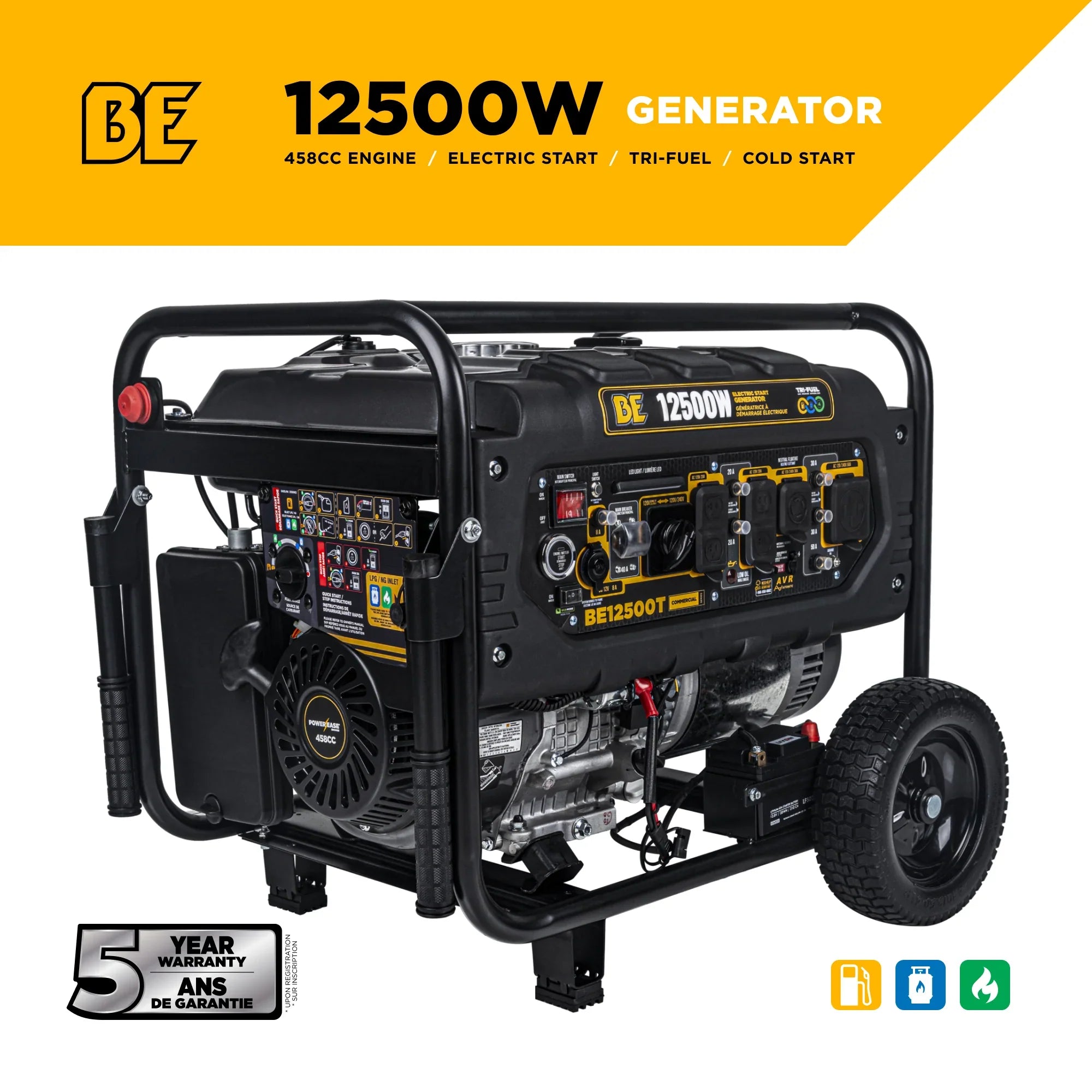 12,500 Watt BE Electric Start Tri-Fuel Generator