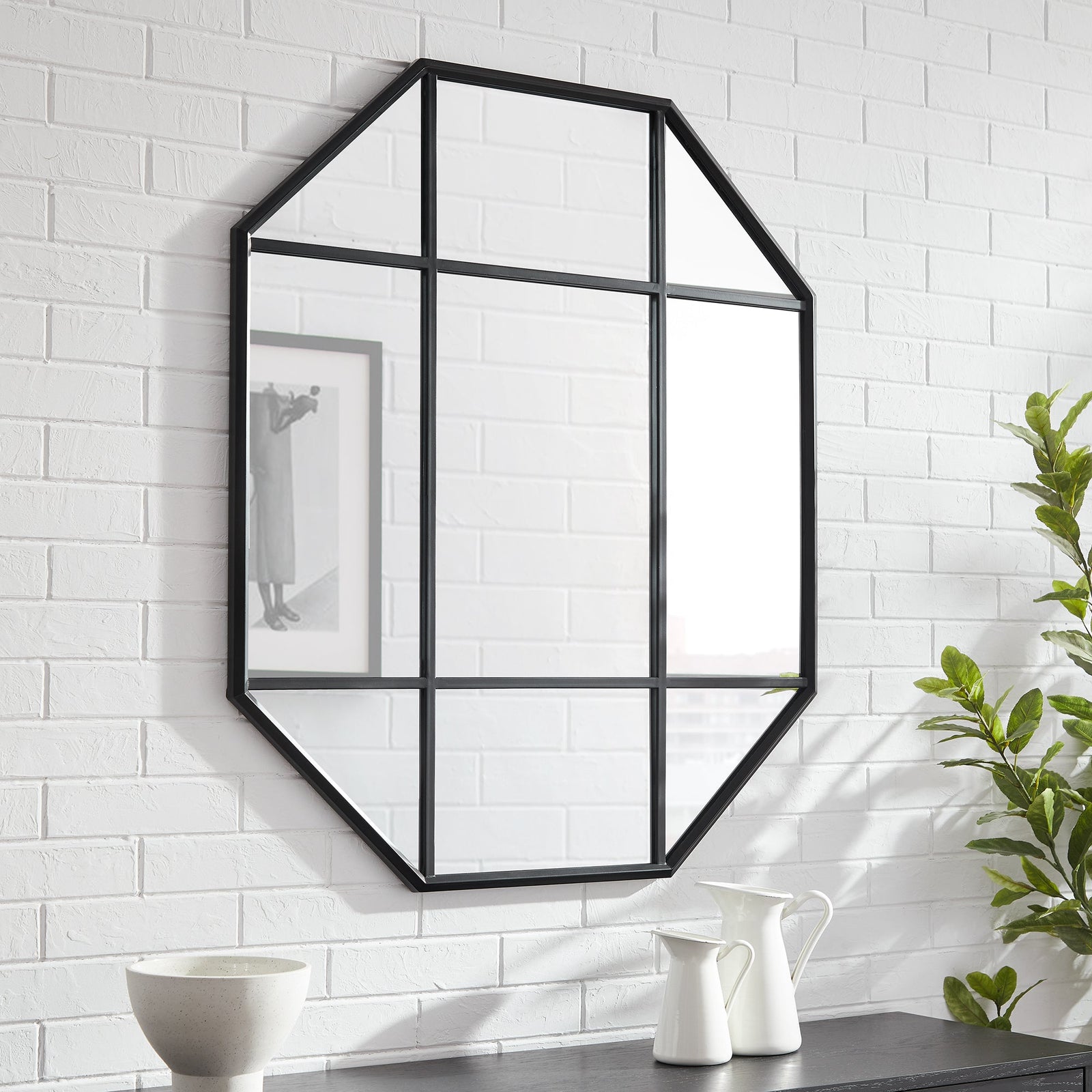 Metal and Glass Windowpane Mirror