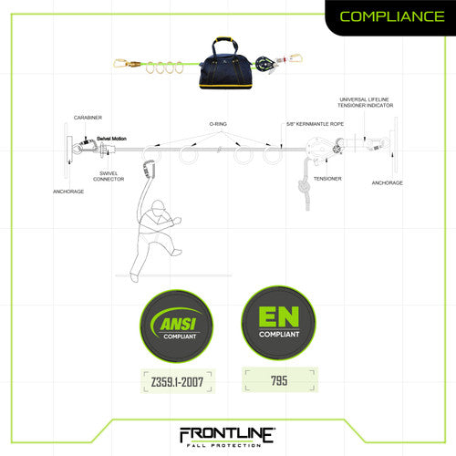 Frontline HLK1004 4-person 100' Adjustable Horizontal Lifeline System with 6' Anchor Straps