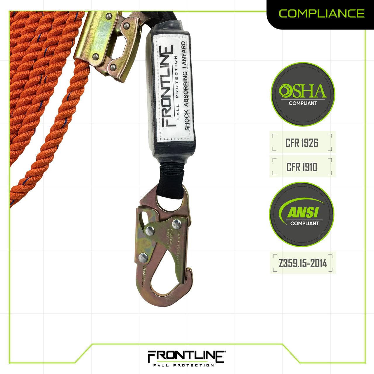 Frontline VLPR3L Premium Vertical Lifeline with Openable Rope Grab and Shock Pack 200'