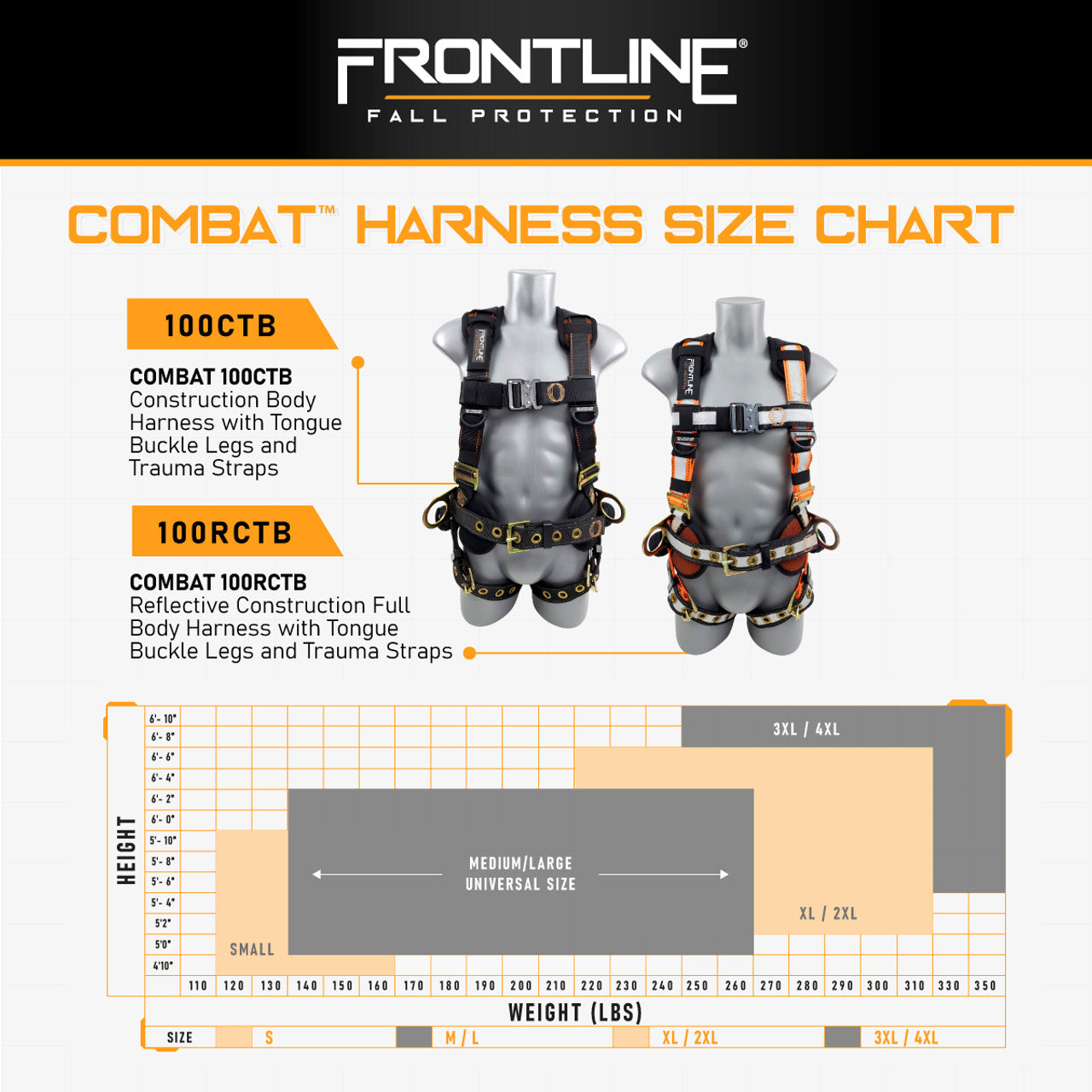 Arnés de cuerpo completo con construcción reflectante de combate Frontline 100RCTB con hebillas de lengüeta para piernas y correas para traumatismos, talla M/L