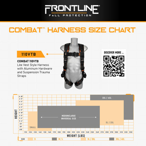 Frontline 110VTB Combat Lite Vest Style Harness with Aluminum Hardware and Suspension Trauma Straps 3X/4X