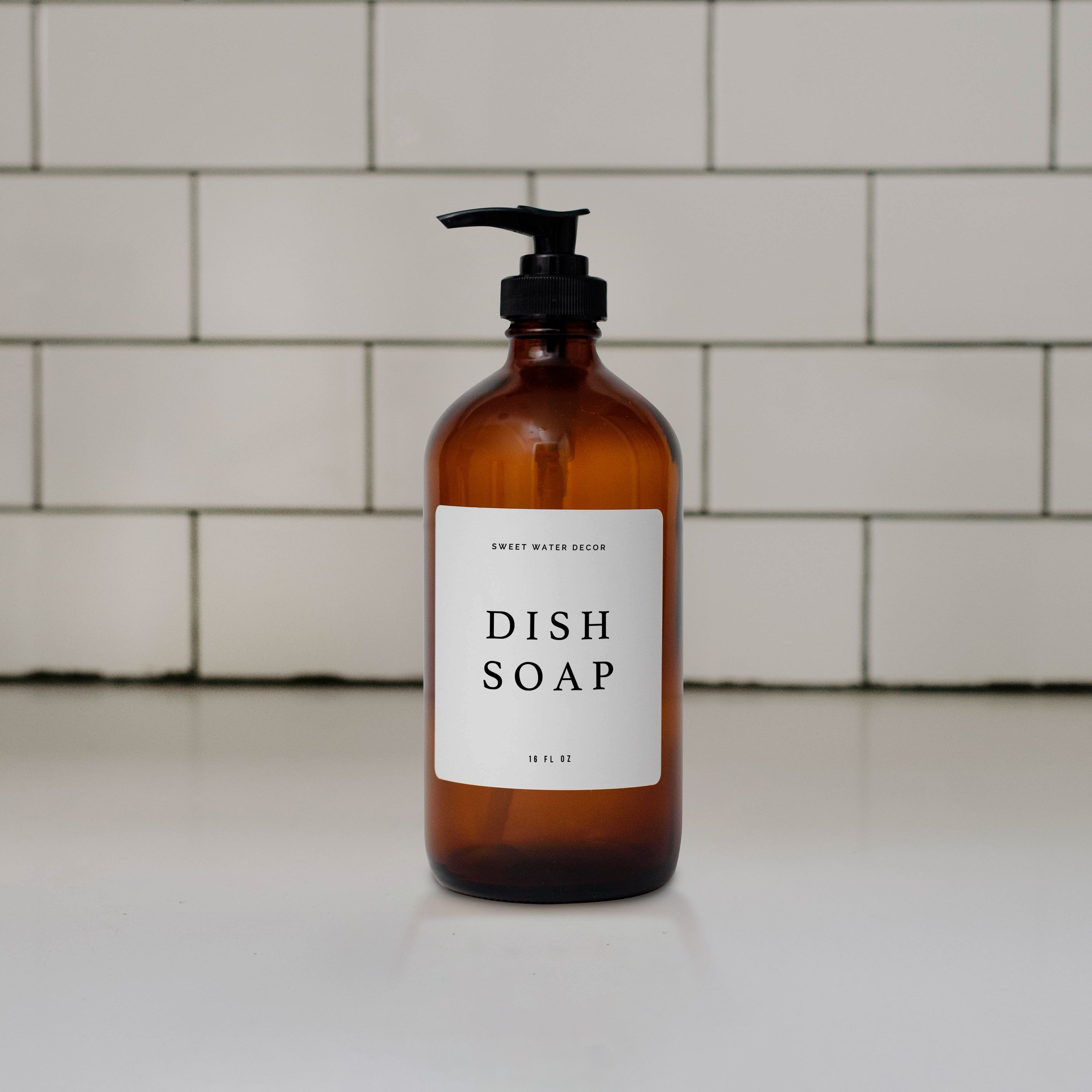 16oz Amber Glass Dish Soap Dispenser - White Text Label