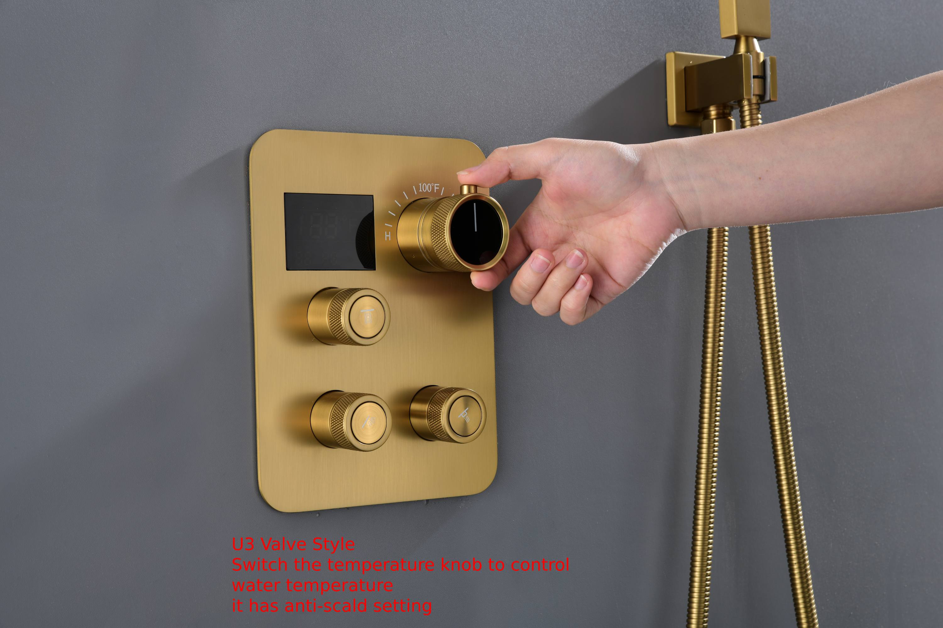 12" Brushed Gold Bluetooth Music, 64-Color LED Thermostatic Shower Faucet