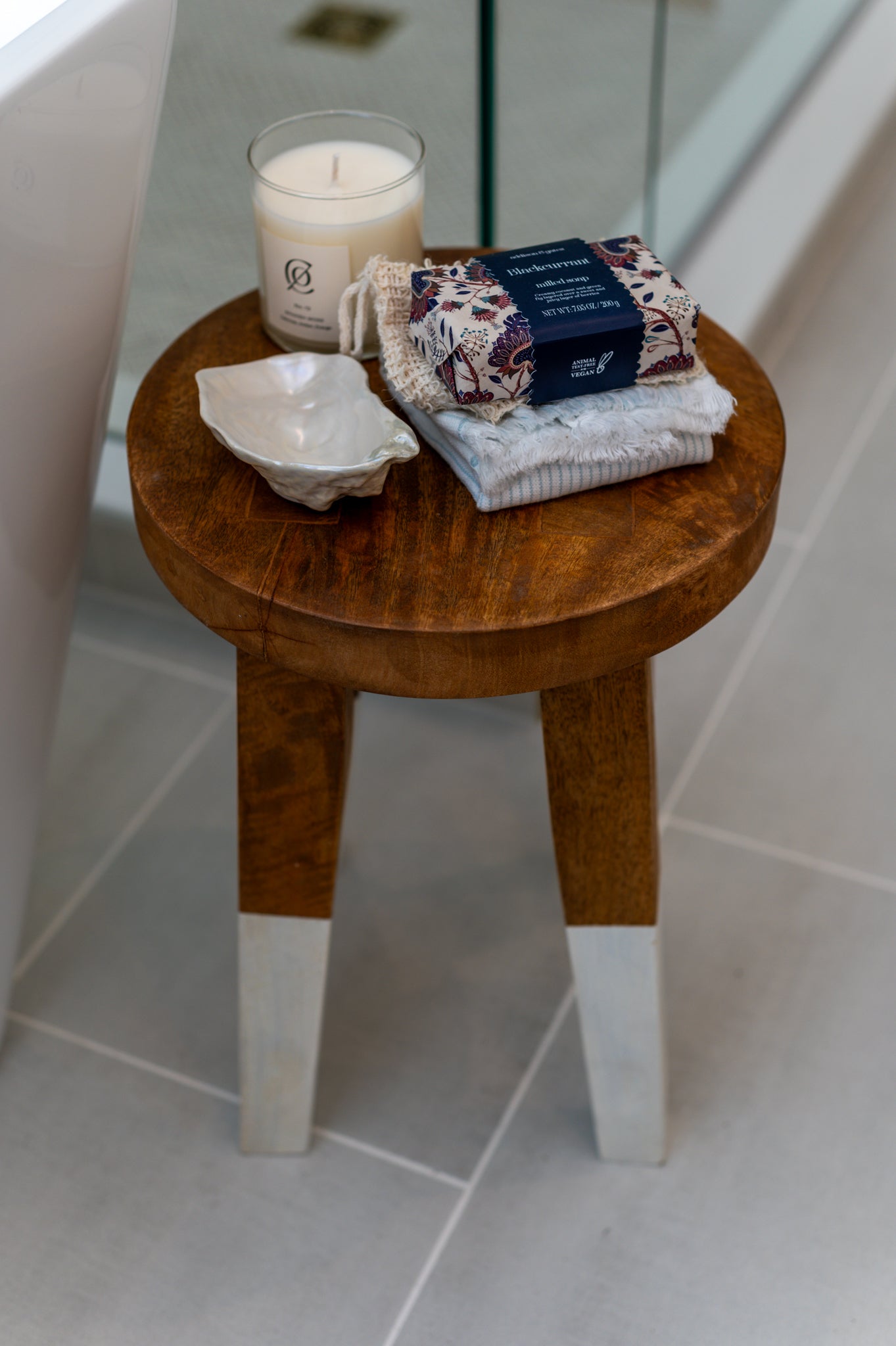 Teak stool with white legs