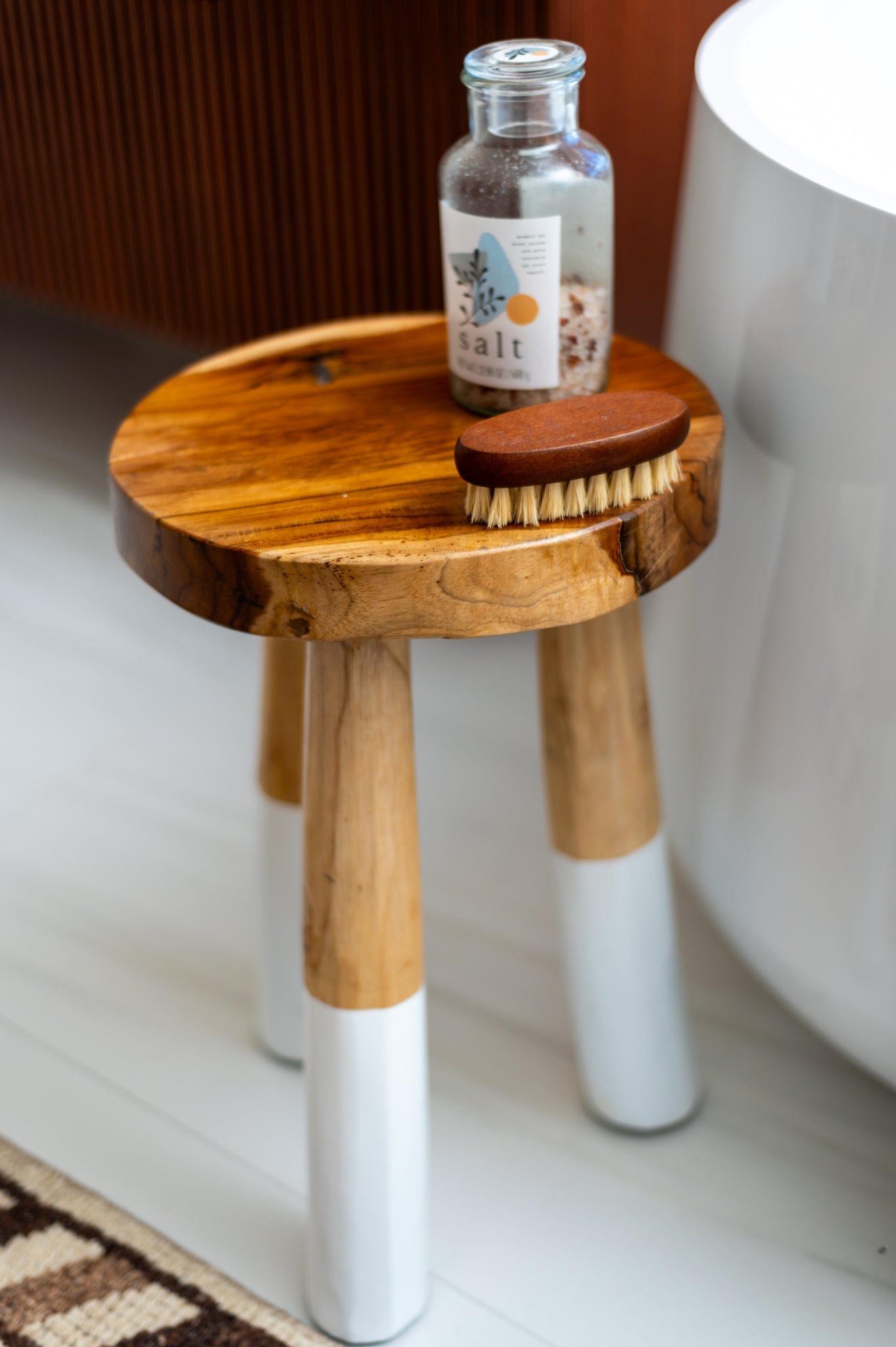 Teak stool with white legs