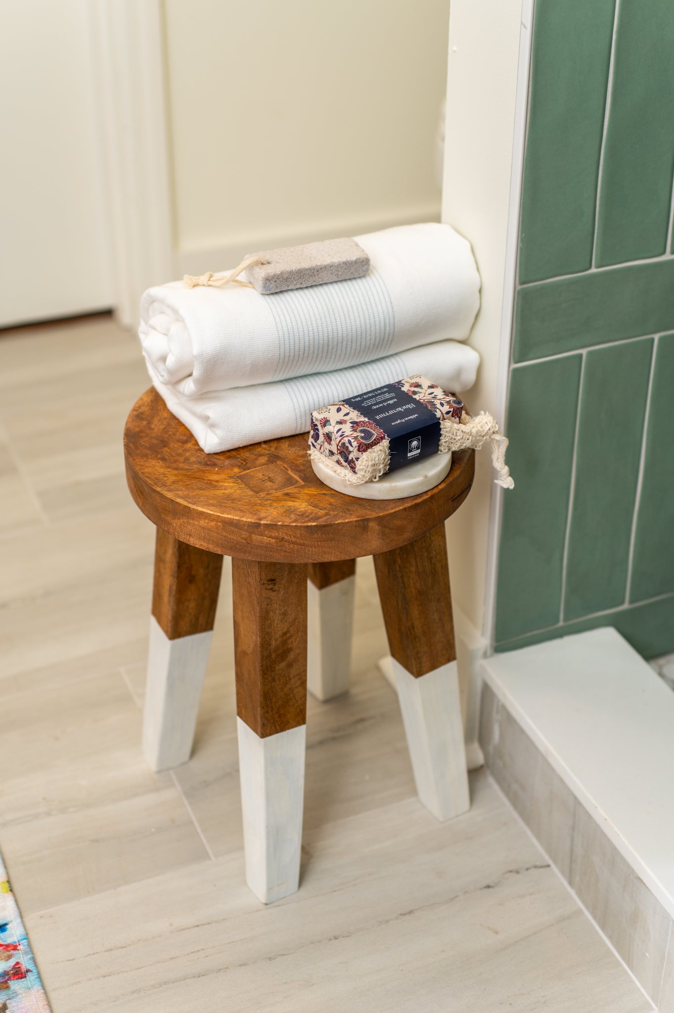 Teak stool with white legs