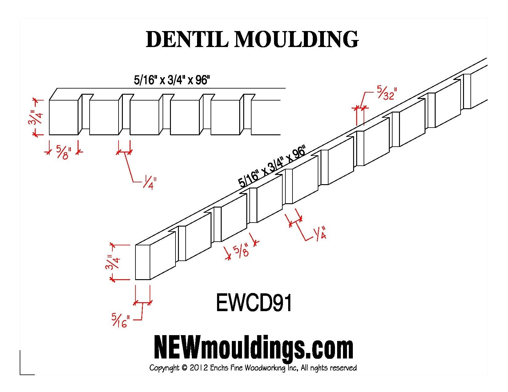 Moldura para dentículos EWCD91 de 3/4" de alto x 5/16" de borde. Sin terminar 