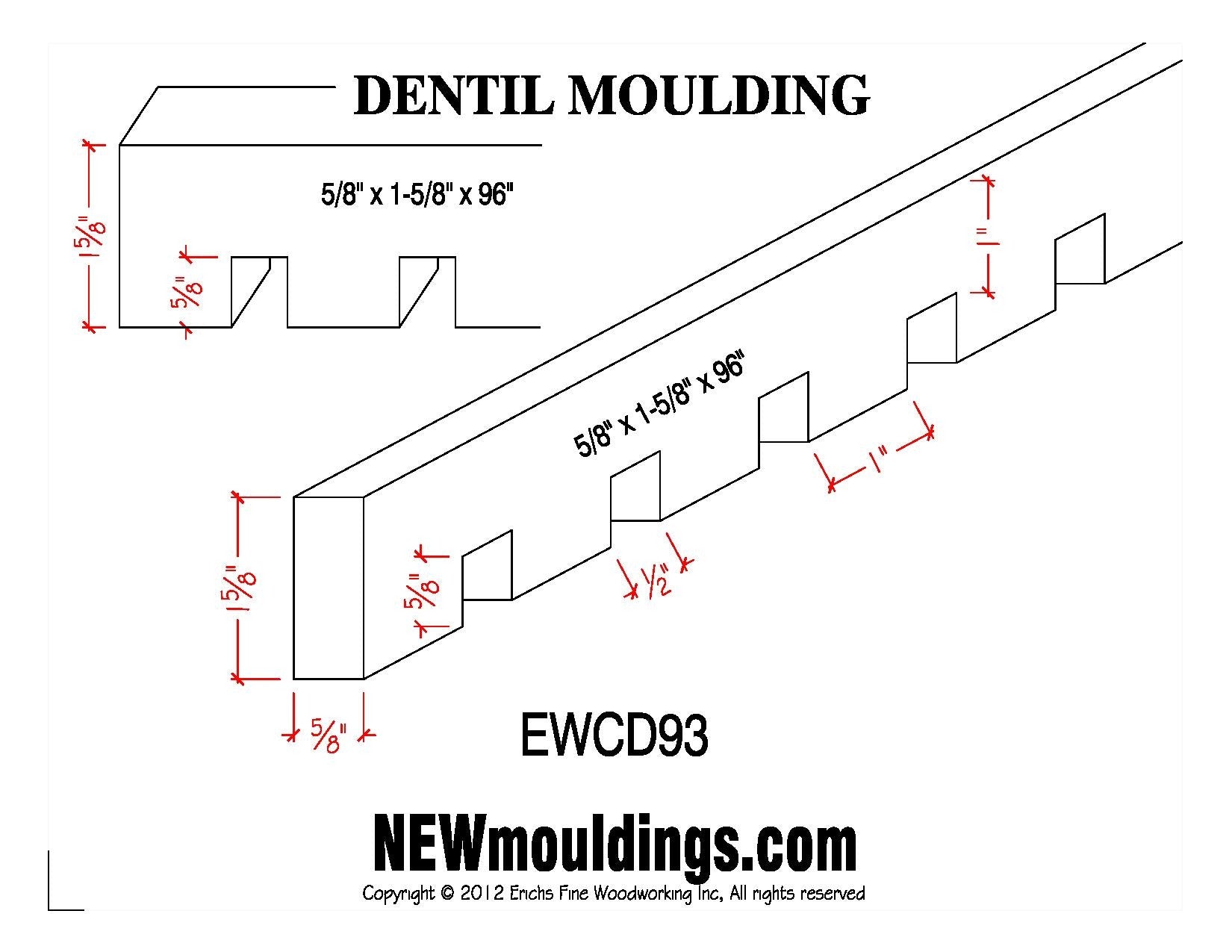 Moldura para dentículos EWCD93 de 1-5/8" de alto x 5/8" de borde. Sin terminar