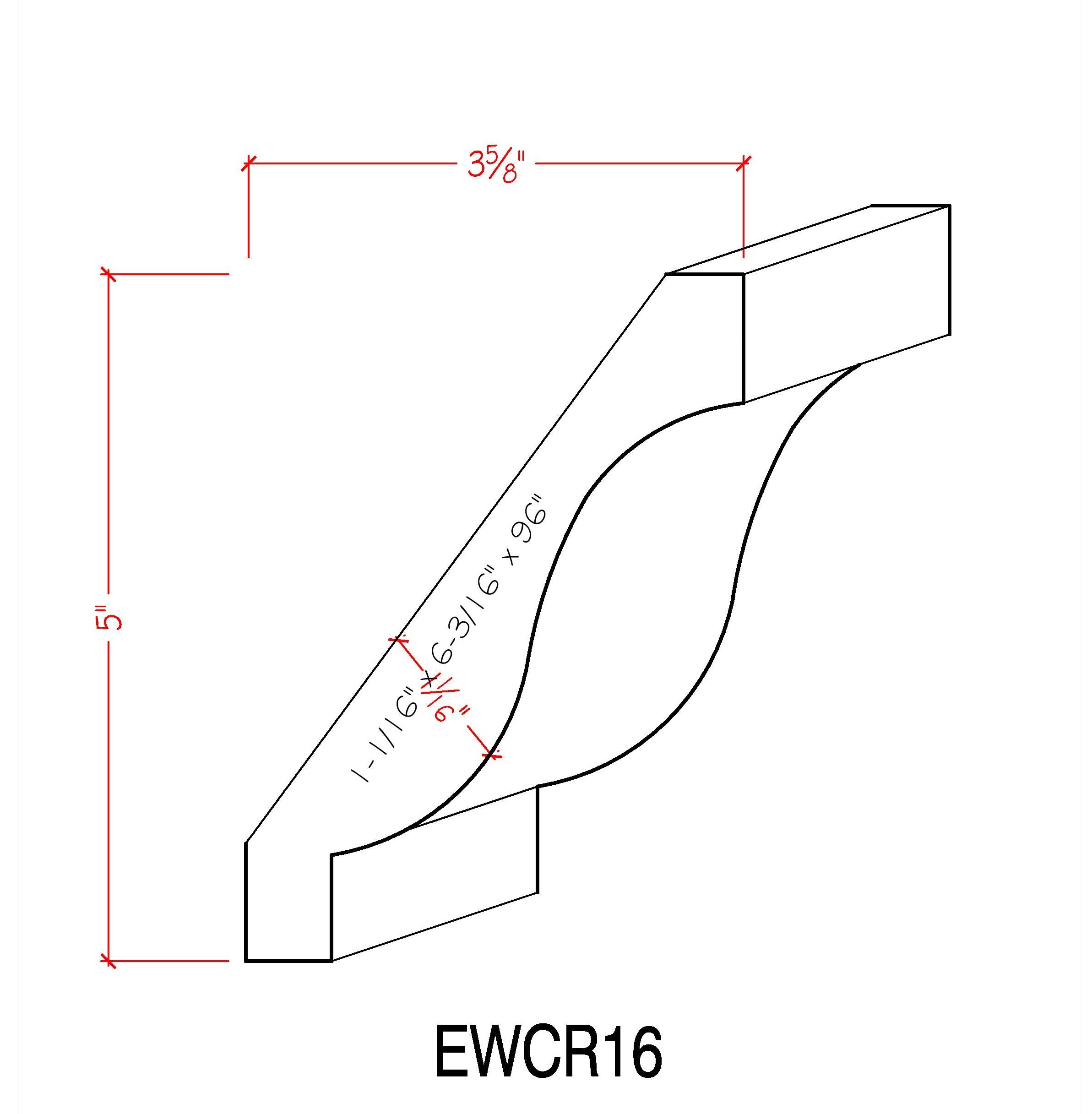 EWCR16 Crown 1-1/16" x 6-3/16" Unfinished 5" High x 3-5/8" Deep