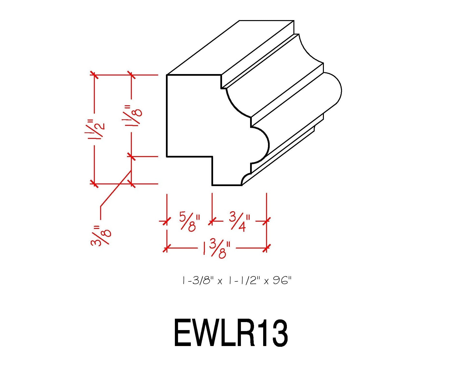 Riel de iluminación para gabinete de cocina EWLR13, moldura de 1-1/2" x 1-3/8". Sin terminar