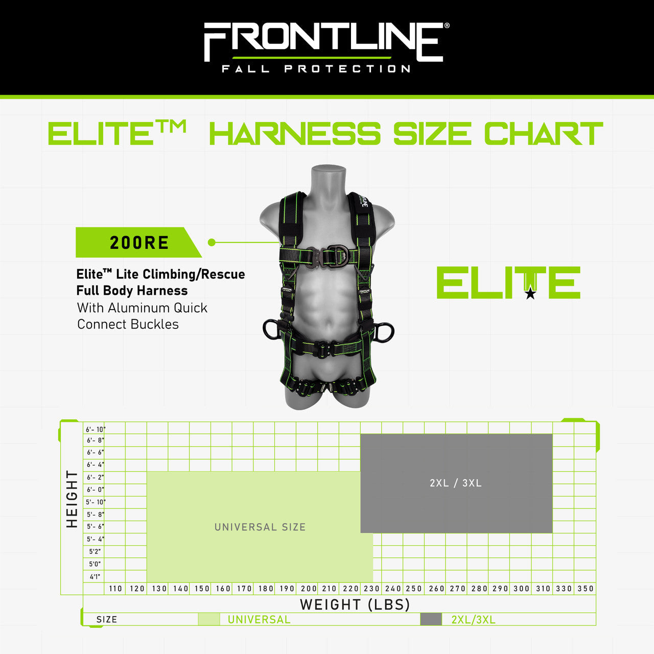 Arnés de cuerpo entero para escalada y rescate Frontline 200RE Elite Lite con hebillas de conexión rápida de aluminio, tallas 2XL y 3XL