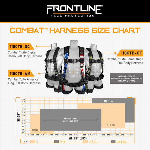 Arnés de cuerpo completo Frontline 110CTB-CF con camuflaje, herrajes de aluminio y correas de suspensión para traumatismos XL/2X