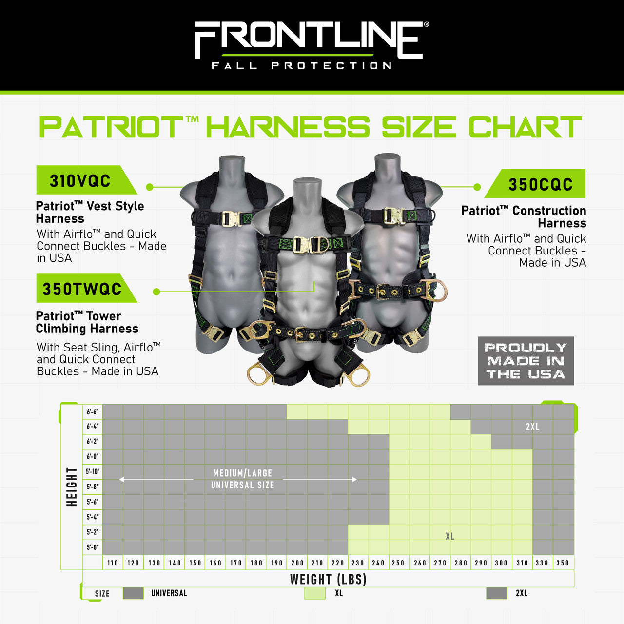 Frontline 310VQC Patriot Vest Style Harness with Airflo and Quick Connect Buckles - Made in USA XL